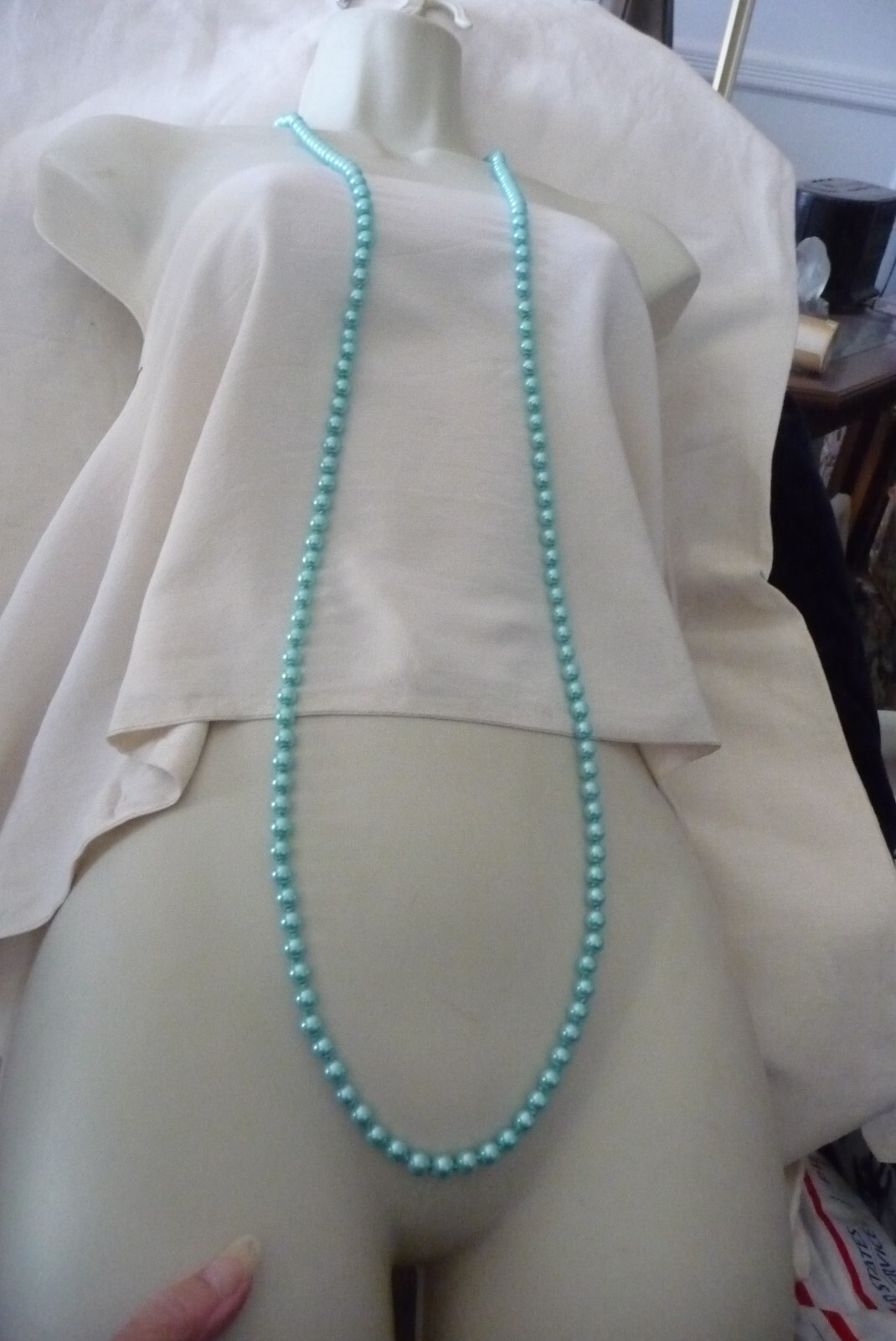 #1721A NECKLACE 28″L NO CLASP HAND KNOTTED AQUA BLUE FAUX PEARL BEADS