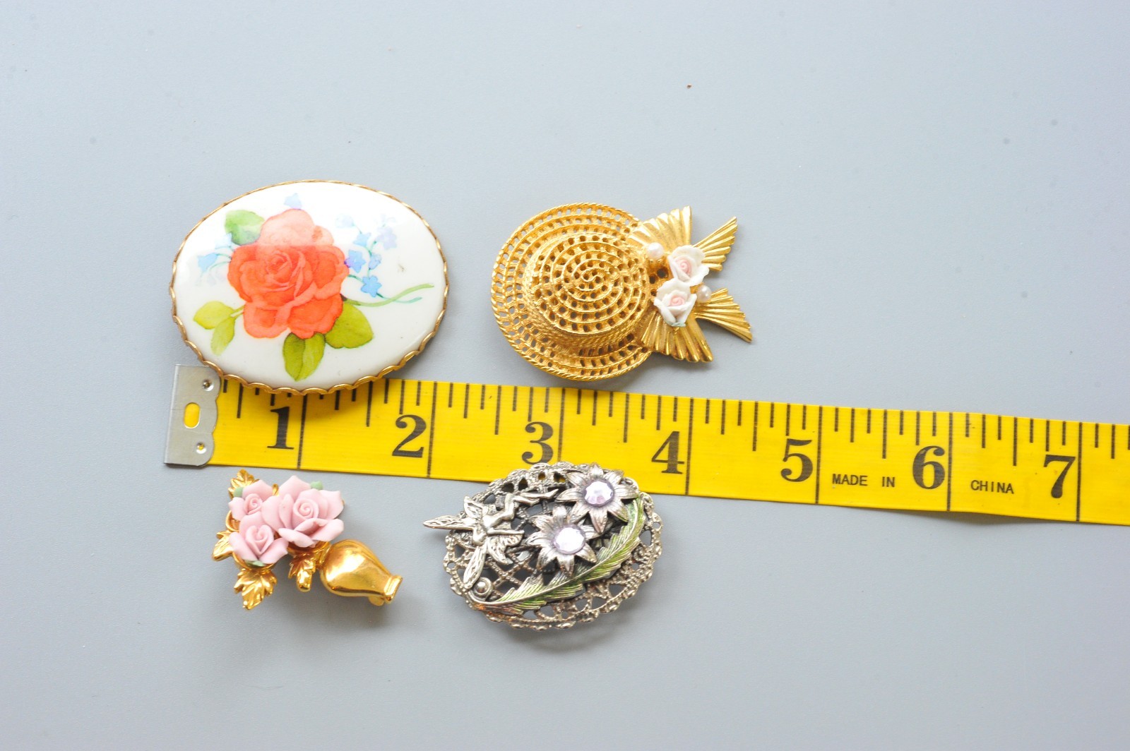 Vtg modern Brooch Lot cameo style flower gardening hat fairy 2 signed MA13