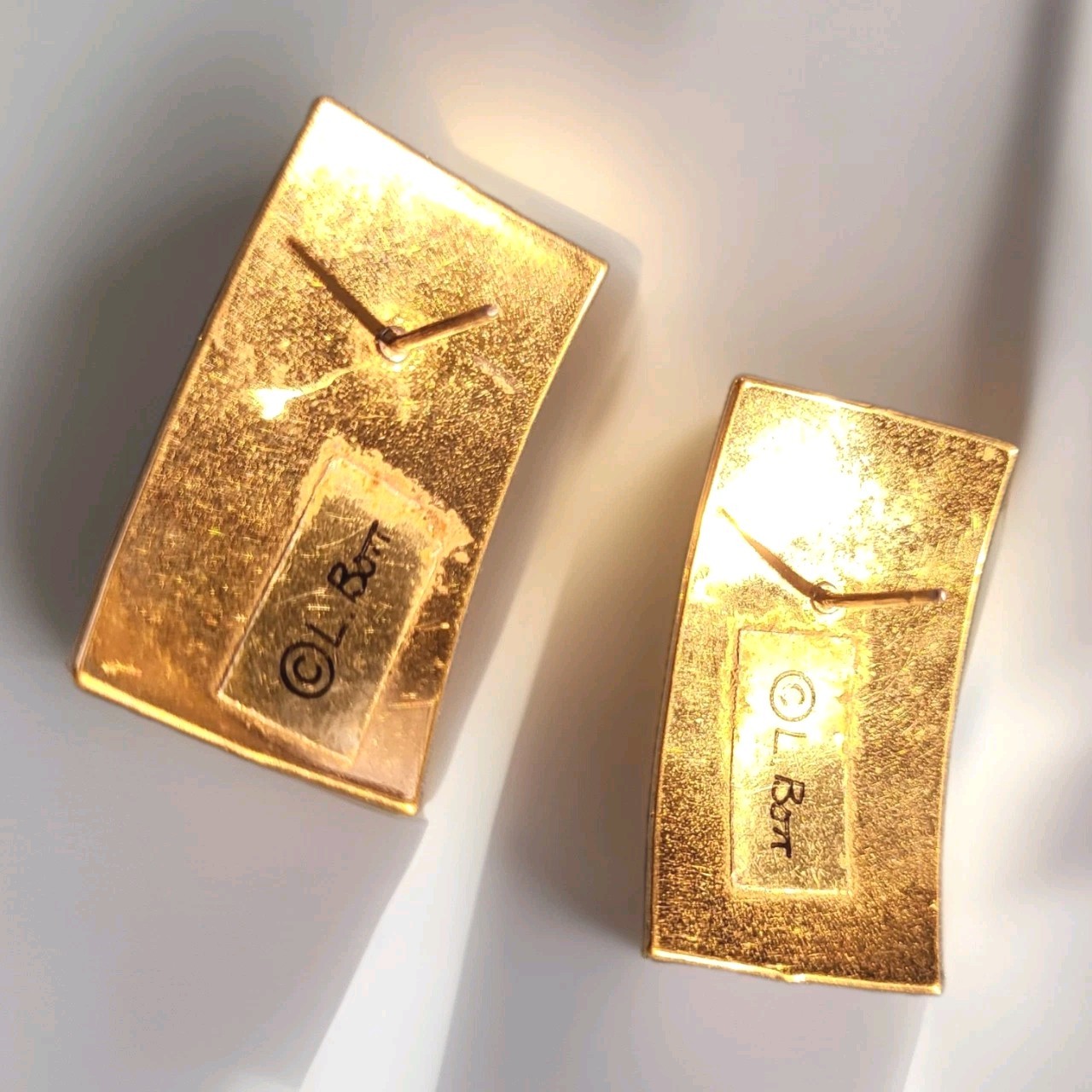 Vintage L Bott Modernist Art Deco Gold Toned Geometric post earrings Teal