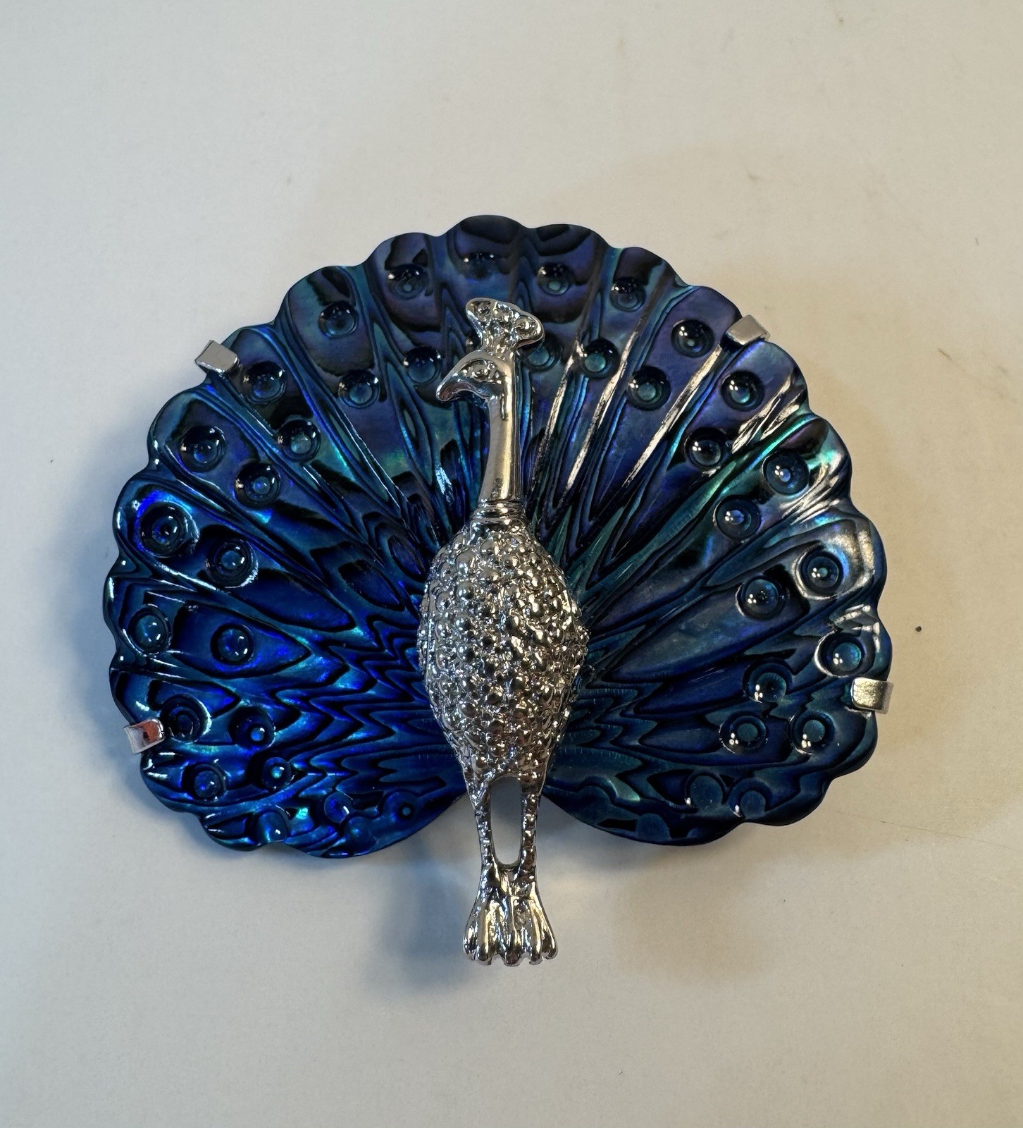 Peacock Brooch Pin Blue & Silver Tone Enamel Abalone Shell Finish