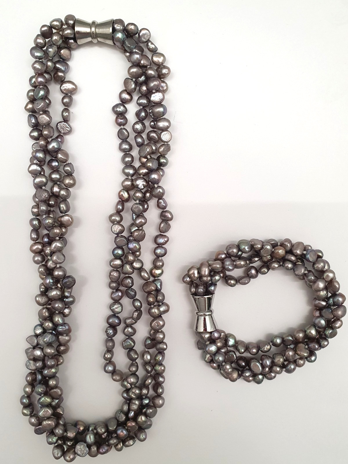 4 Strand Freshwater Pearl Necklace 17.5″ & Bracelet 7.5″ Gray Pink Iridescence