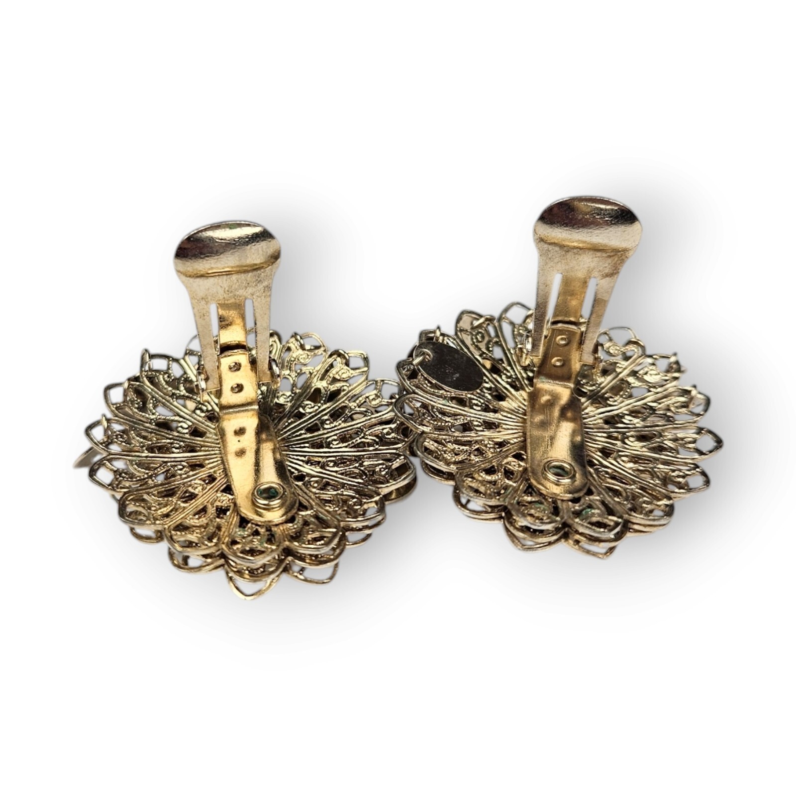 Vintage Filigree Flower Earrings Dangling Fringe Brass Layered Clip On 1.5″ Long