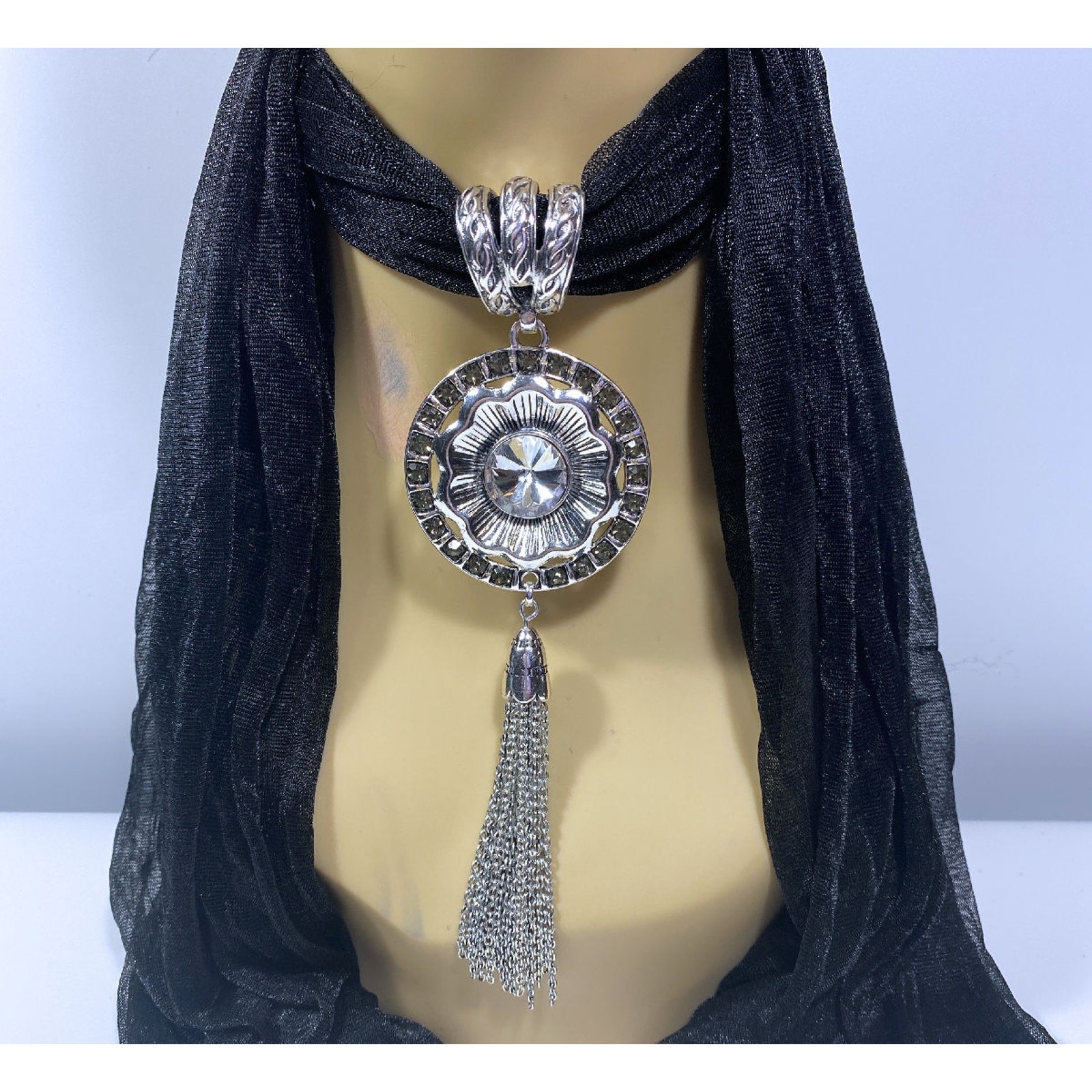 2pc Pearl Rhinestone Scarf Slider Necklace Pendants Large 6″ Manual Set Jewelry