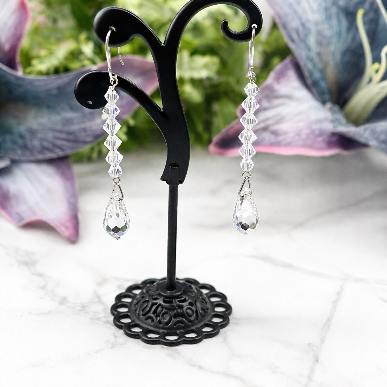 Elegant Clear Glass Faceted Crystal Teardrop Necklace & Earrings Set