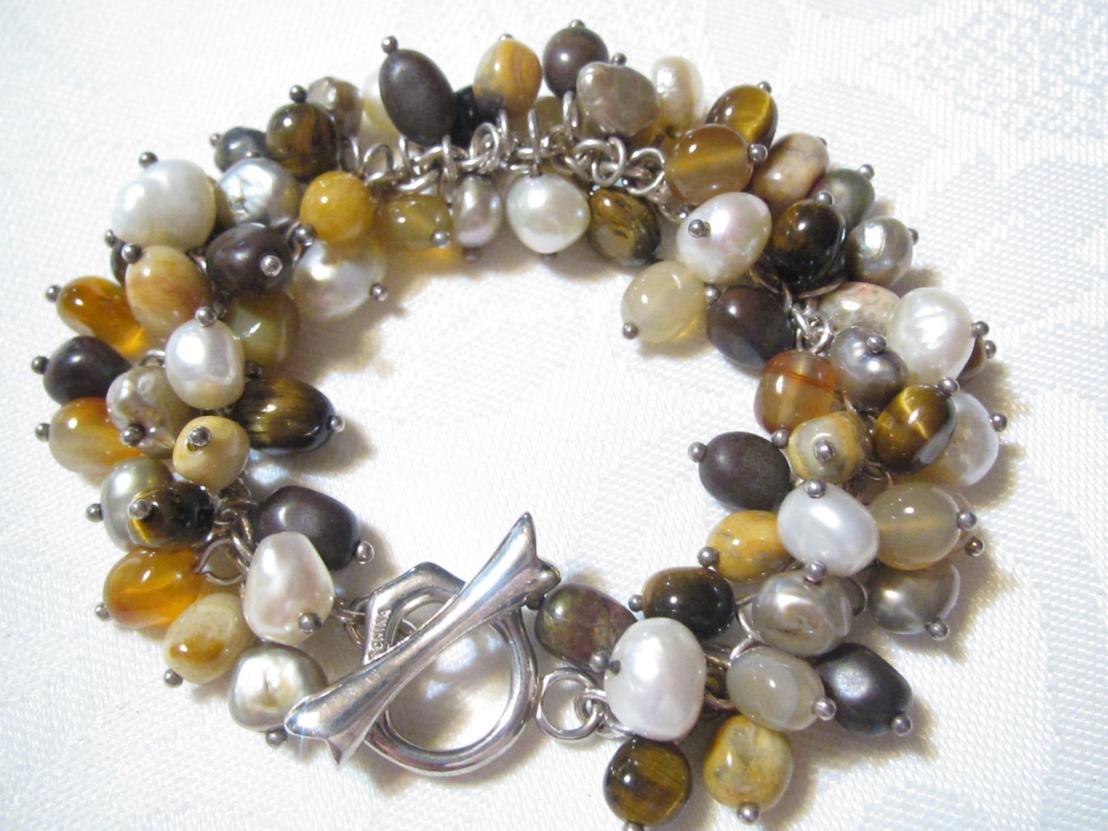 VINTAGE WHITNEY KELLY STERLING SILVER GEMSTONES & PEARLS TOGGLE BRACELET-65 GR.