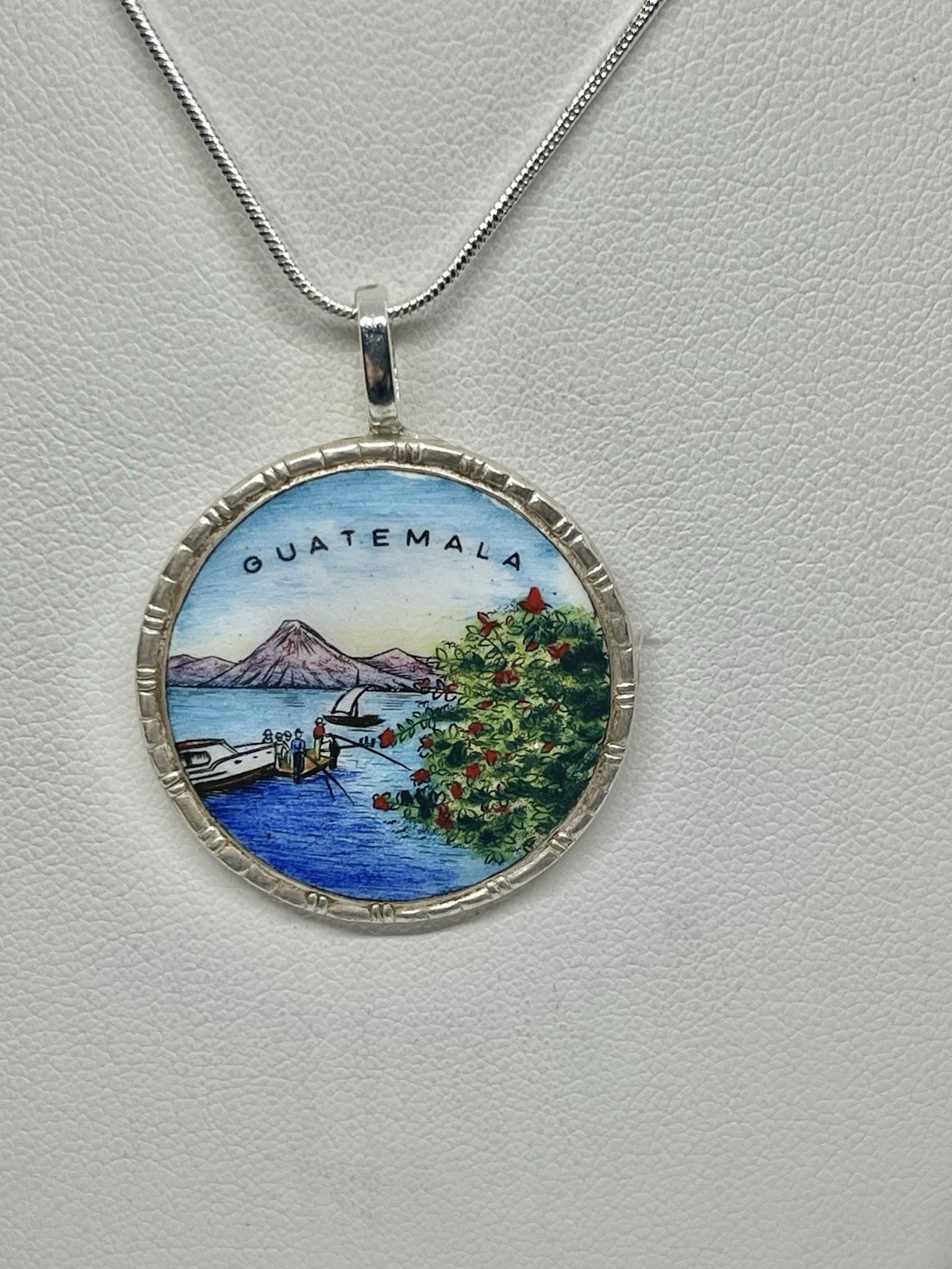 Vintage Upcycled Guatemala Beach Harbor Scene Enamel Travel Souvenir Pendant Fob