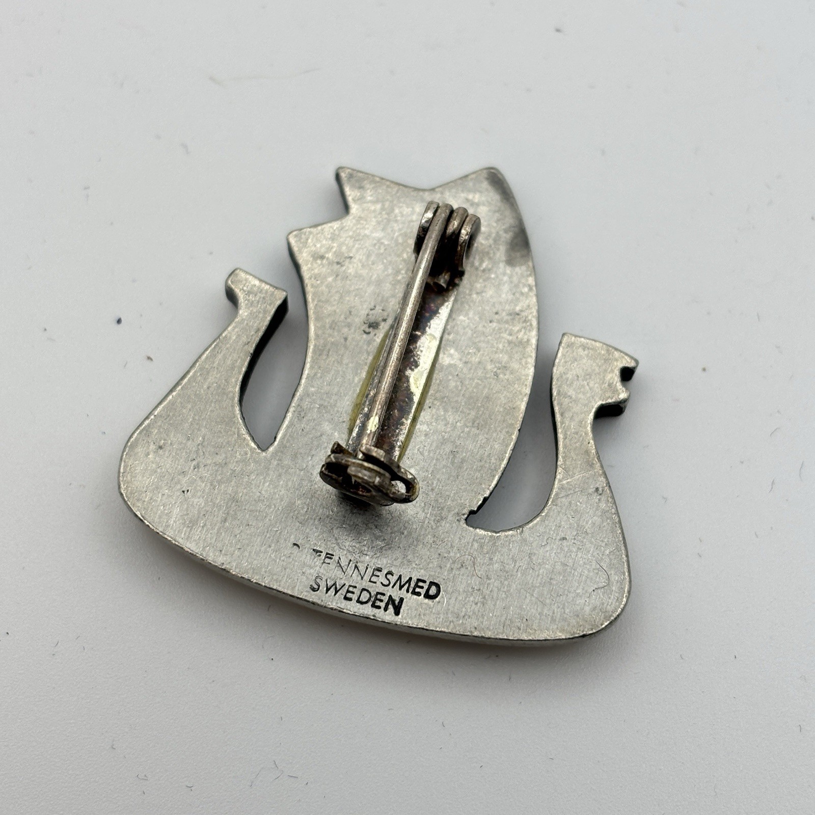 Vintage Brooch Pin Signed R Tennesmed Sweden Modernist Pewter Nordic Boat Ship