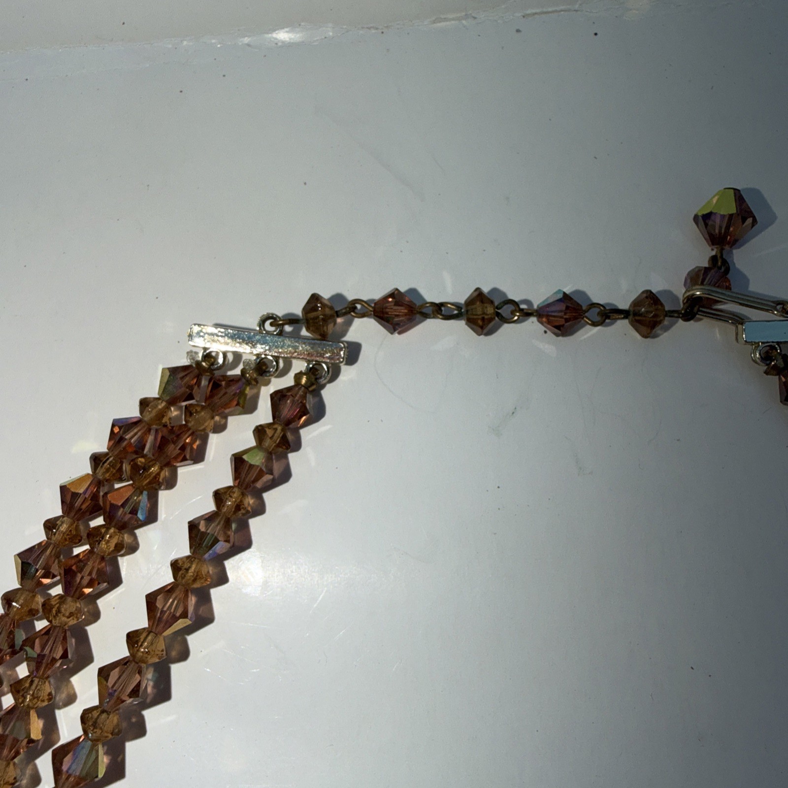 Vintage Graduated Iridescent Three Strand Champagne Bicone Crystal Bead Necklace