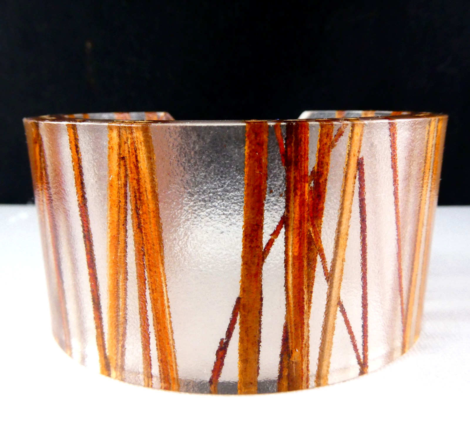 Vintage Lucite Modernist Cuff Bracelet Thick Chunky Brown Linear Inlays NICE!