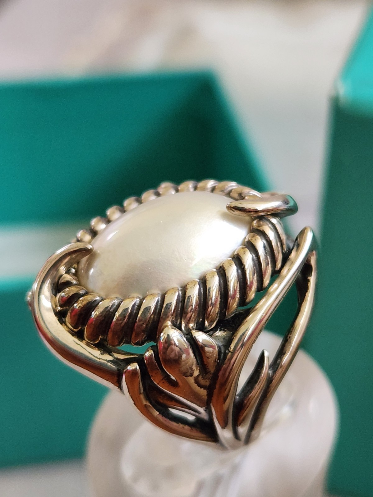 Carolyn Pollack Large Oval Pearl Ring Size 5.4 Box, Bag Sterling Vintage