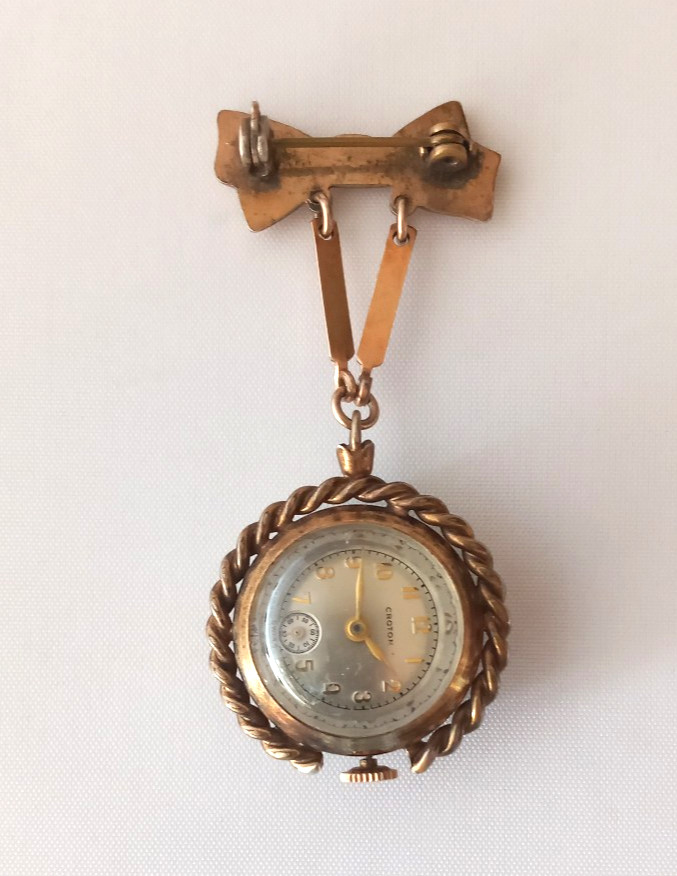 Vtg. CROTON Deco Enamel Guilloche Bow Pin Brooch Manual Swiss Watch