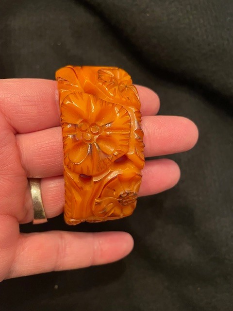 Art Deco 20-30’s Deeply Carved Flora Orange Bakelite Clamper Bangle Stunning!