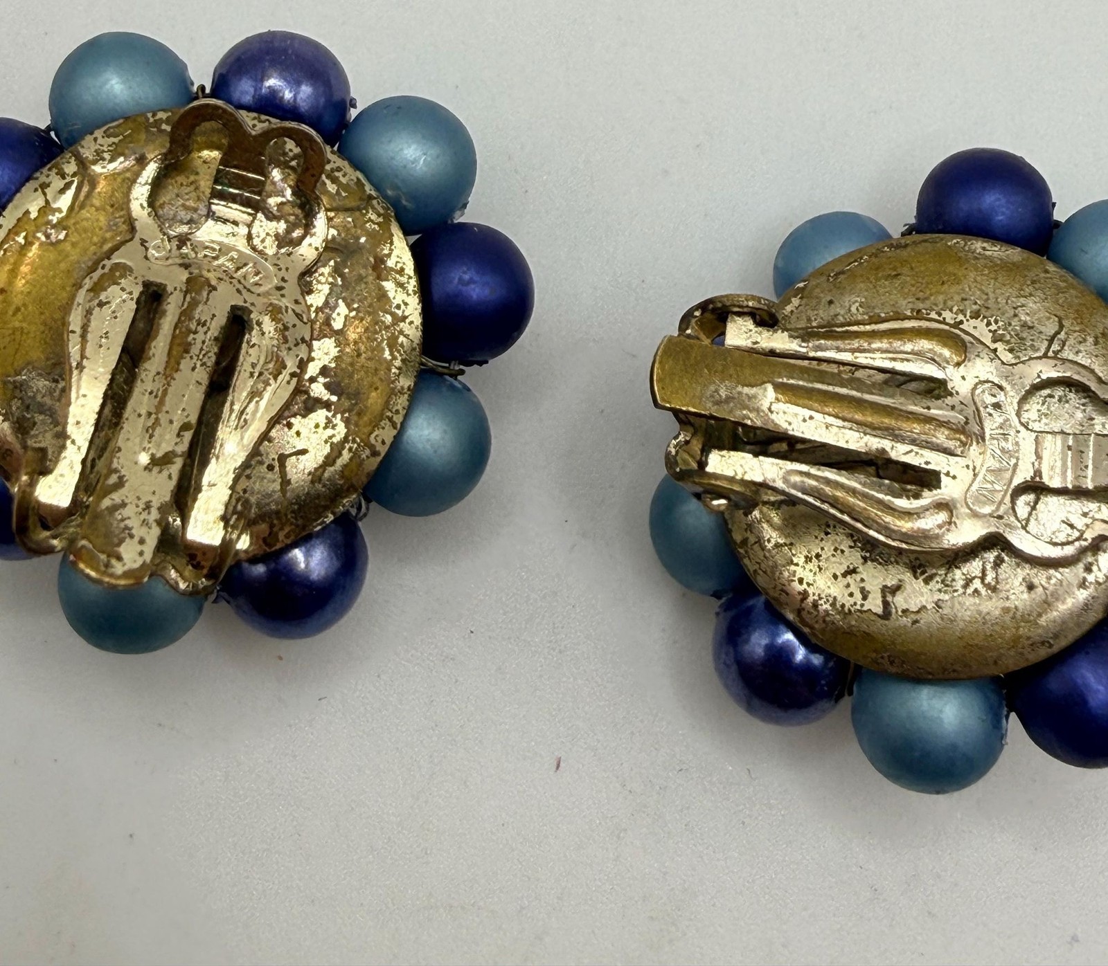 Vintage blue and gold two strand necklace and clip on earring set