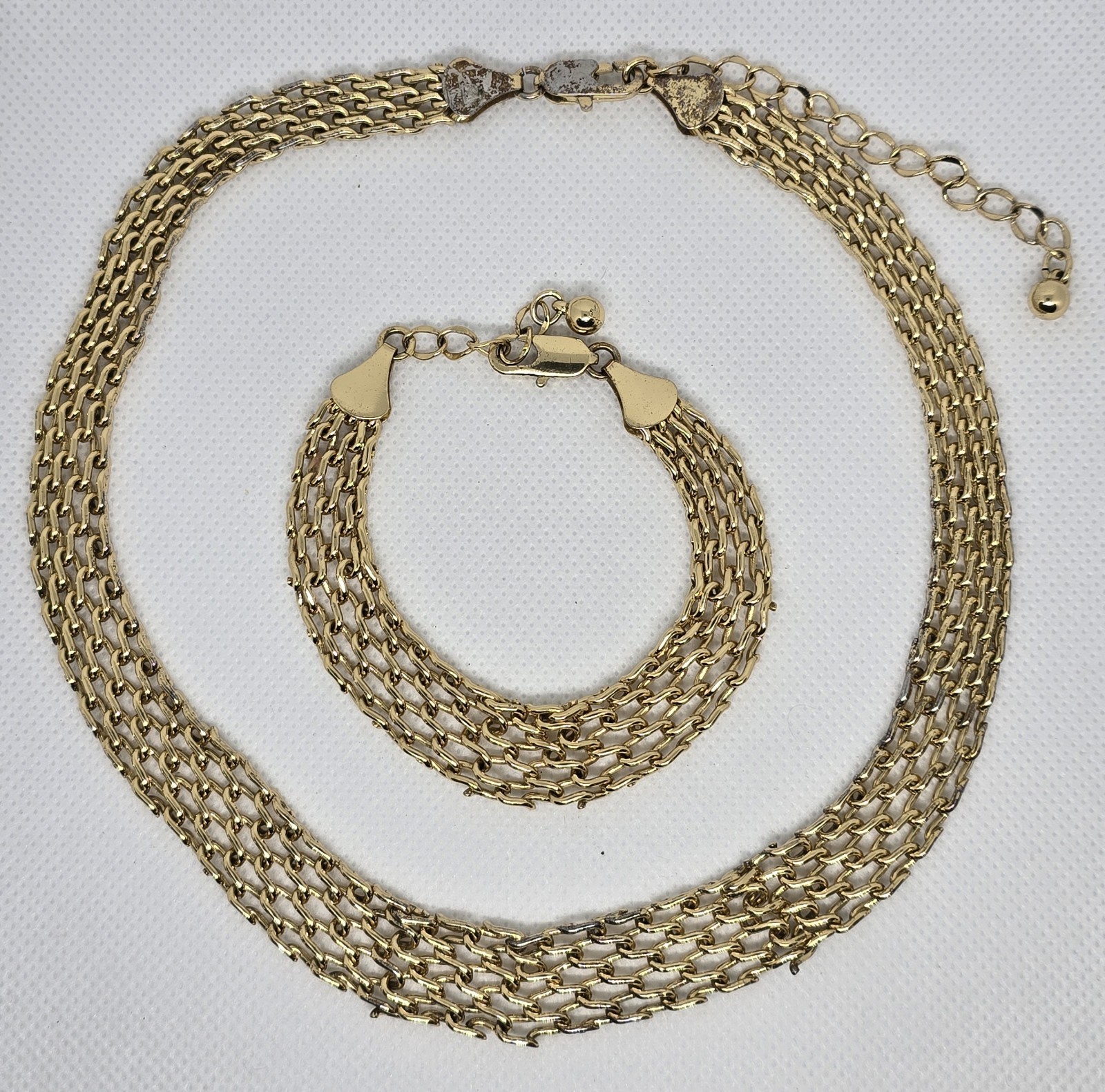 Vintage 14K Gold Plate Chain Weave Necklace & Bracelet Set 3 Inch Extension