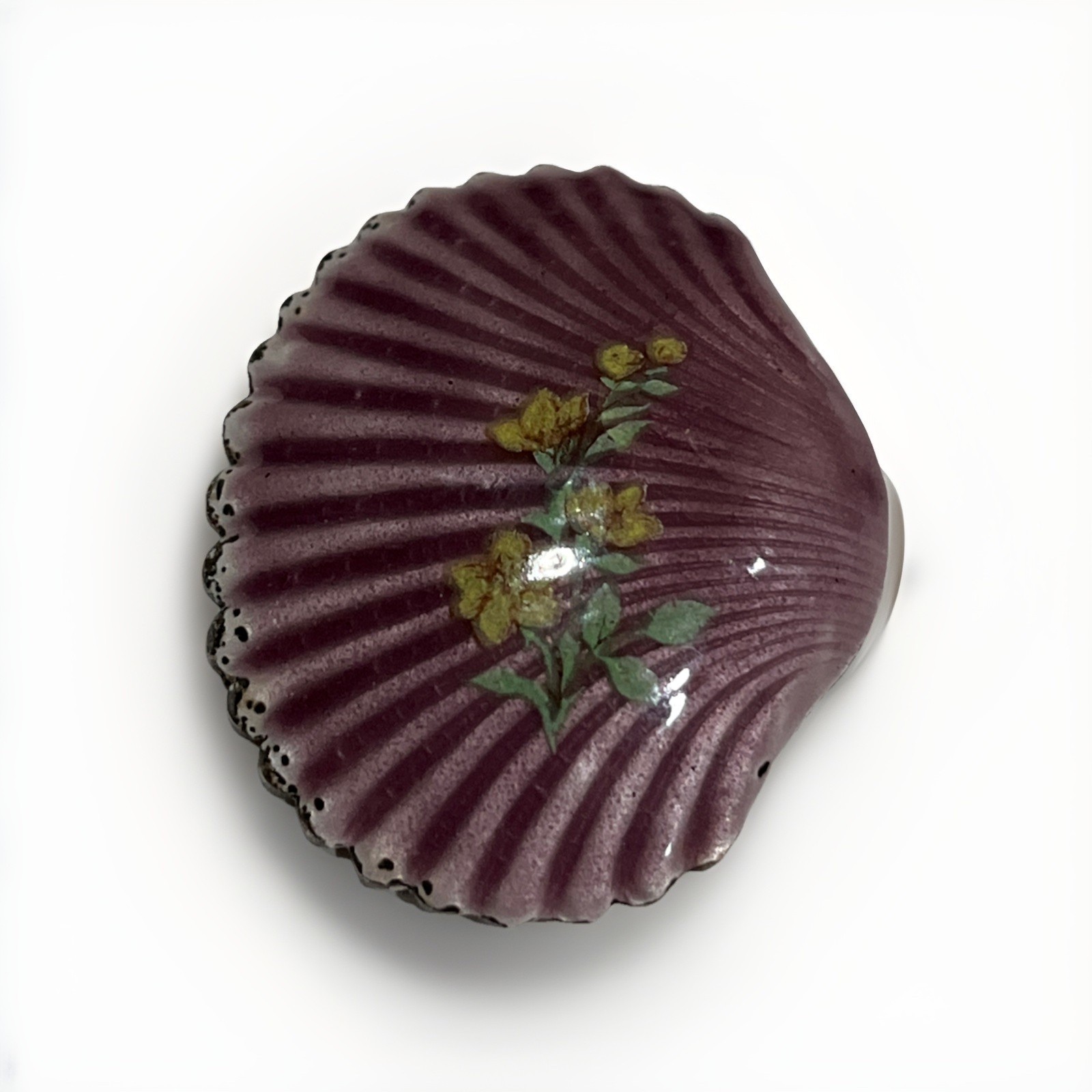 Vintage Enameled Sea Shell Brooch Pin Pretty Floral Bouquet On Purple Enamel