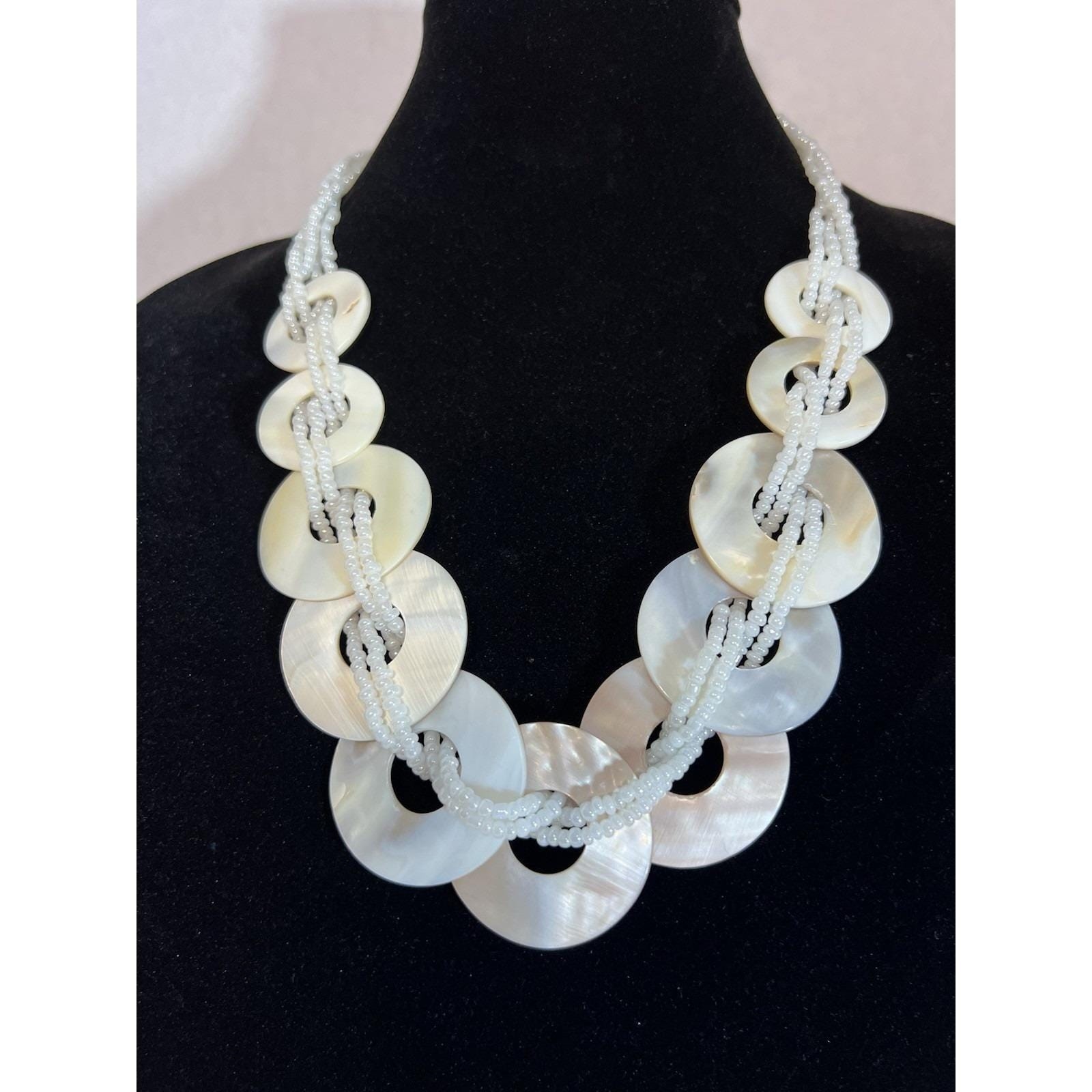 VTG Multi-strand Necklace Mother of pearl shell discs woven Statement necklace