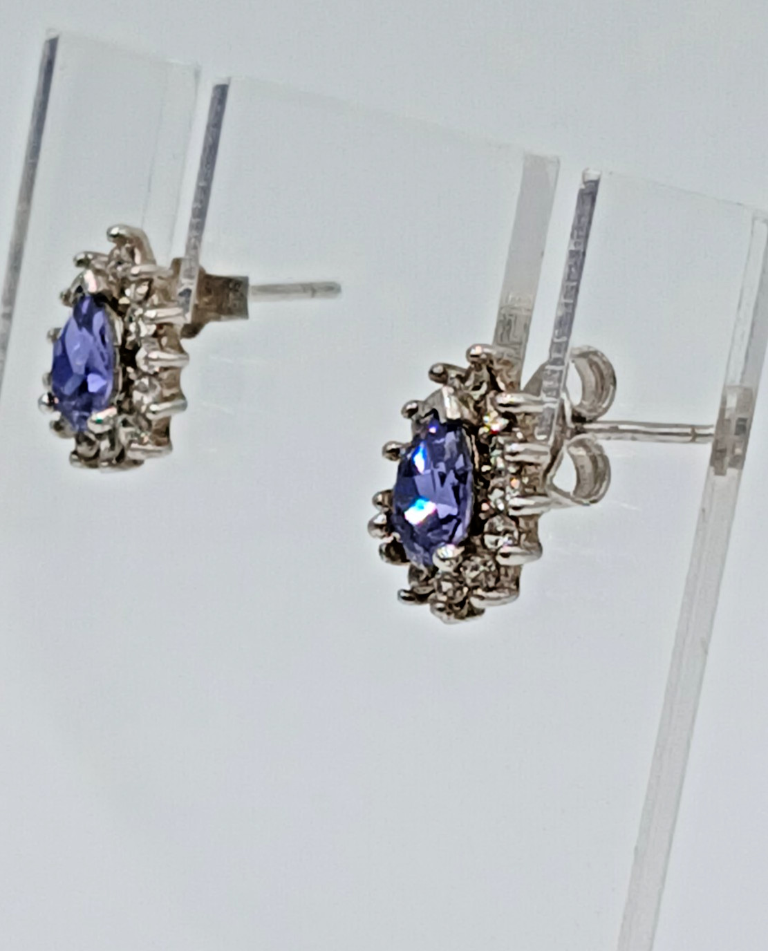 VTG 925 Purple Blue Pear Cut Crystal Stud Earrings Sterling Silver 1g Halo CZ S