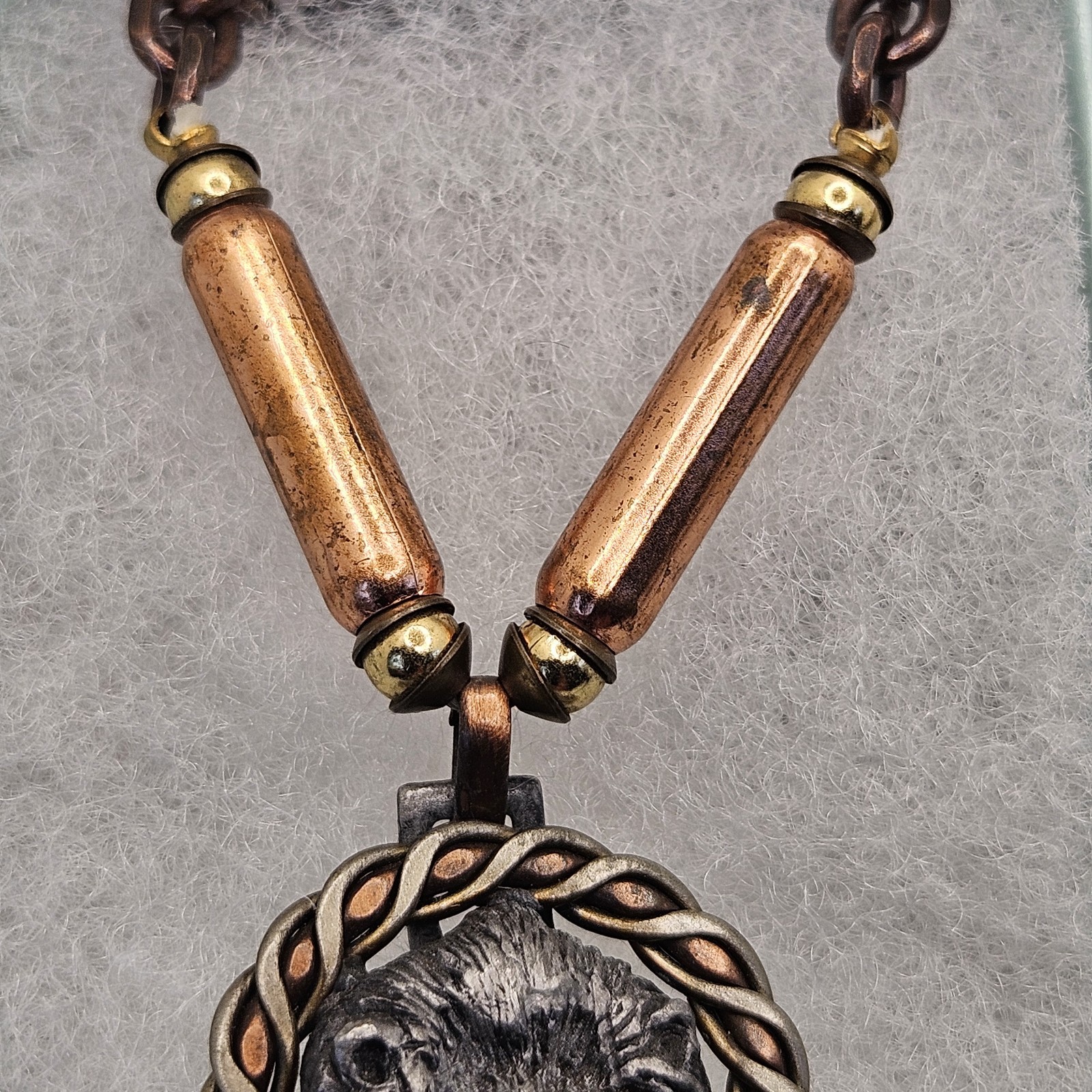 Vintage Lion Head Pendant Necklace Mixed Metal Pewter Copper Bronze Tone Chain