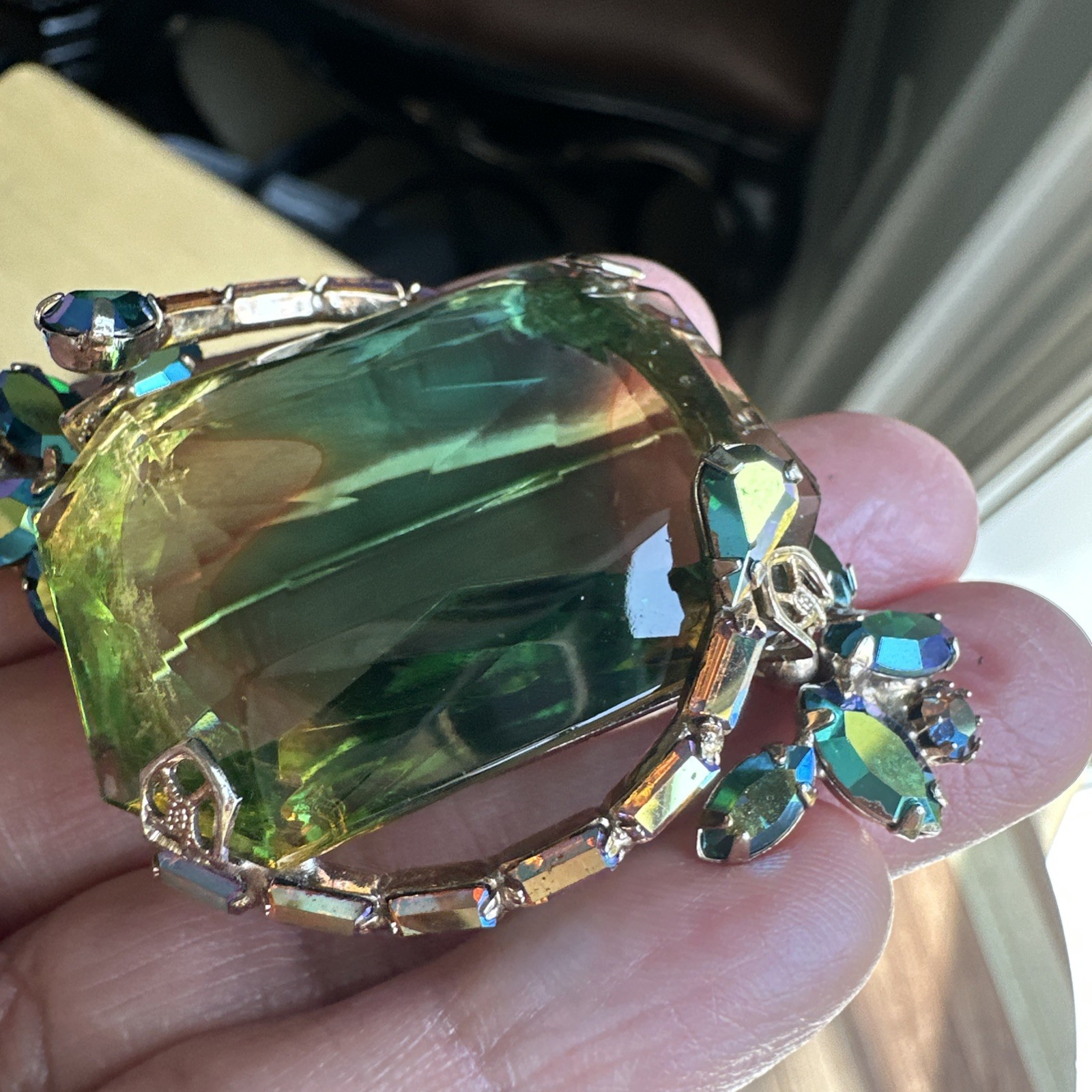 VTG Shadowbox Cocktail Brooch 2 Inch Vitrail Emerald Cut Blue AB Gold Filigree