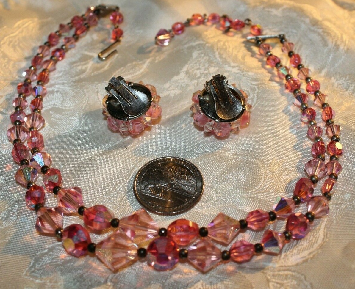 VINTAGE AB PINK 2 STRAND FACTED GLASS BEAD NECKLACE+CLUSTER CLIPS GORGEOUS!