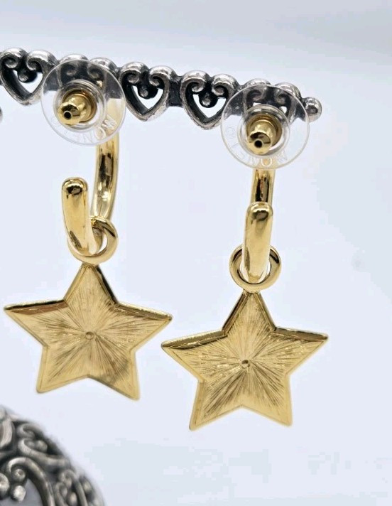Monet Earrings STAR Charm Gold Tone Hoop 2 in Dangle Drop Vintage Pierced