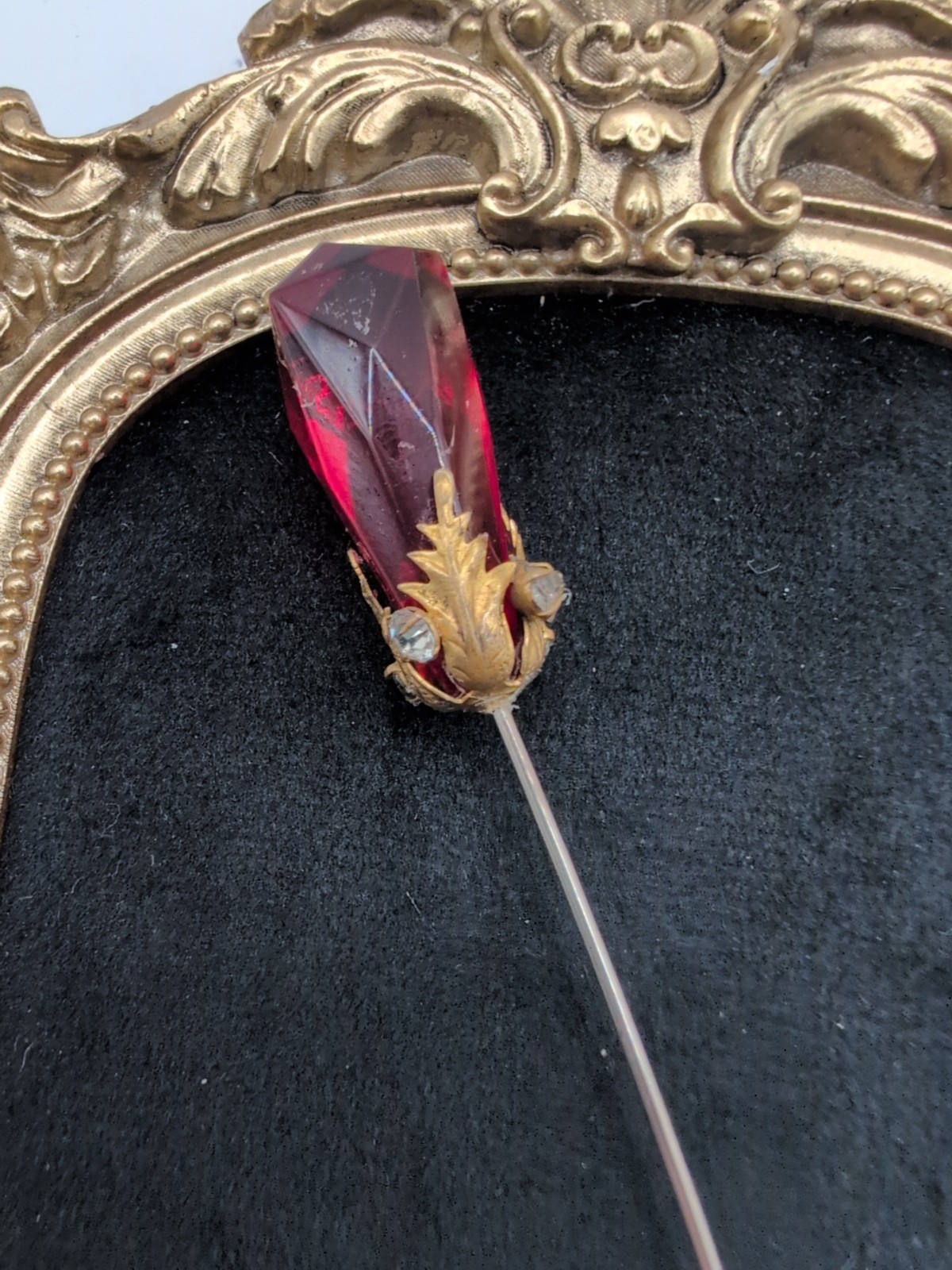 Vintage Red Glass , Rhinestone, Brass Hat Pin 7.5″