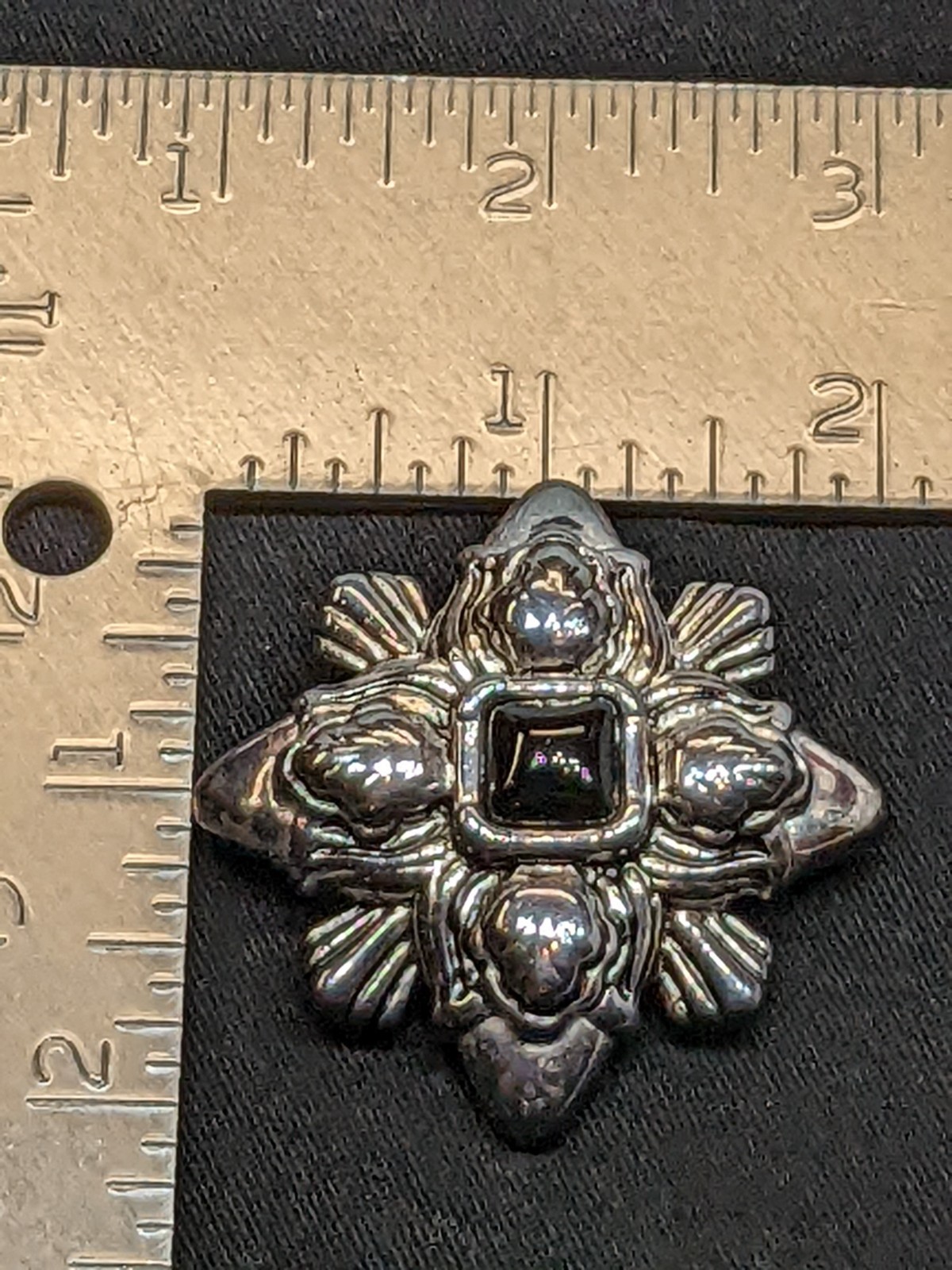 Vintage Monet Gothic Revival Brooch Ornate Silver Tone Pin Black Faux Onyx 70s