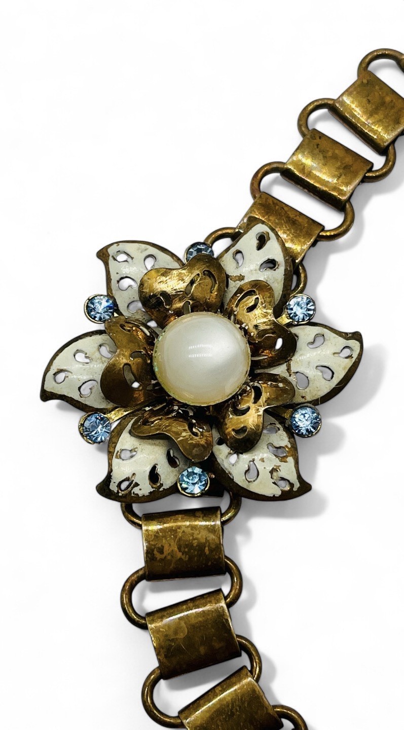 Vintage 50’s Signed Coro Pegasus Blue Glass Rhinestone & Enamel Flower Bracelet