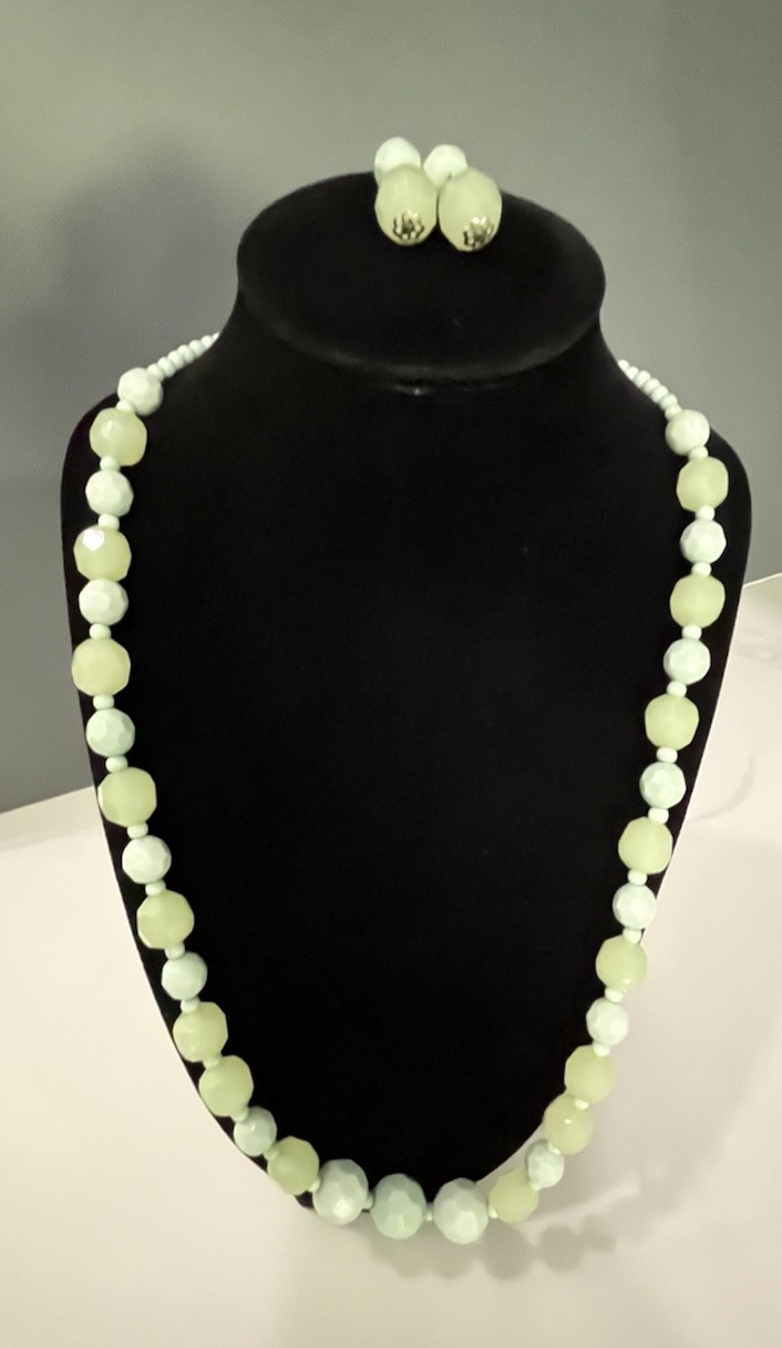 Vintage Light Green Beaded Statement Necklace & Pierced Earrings