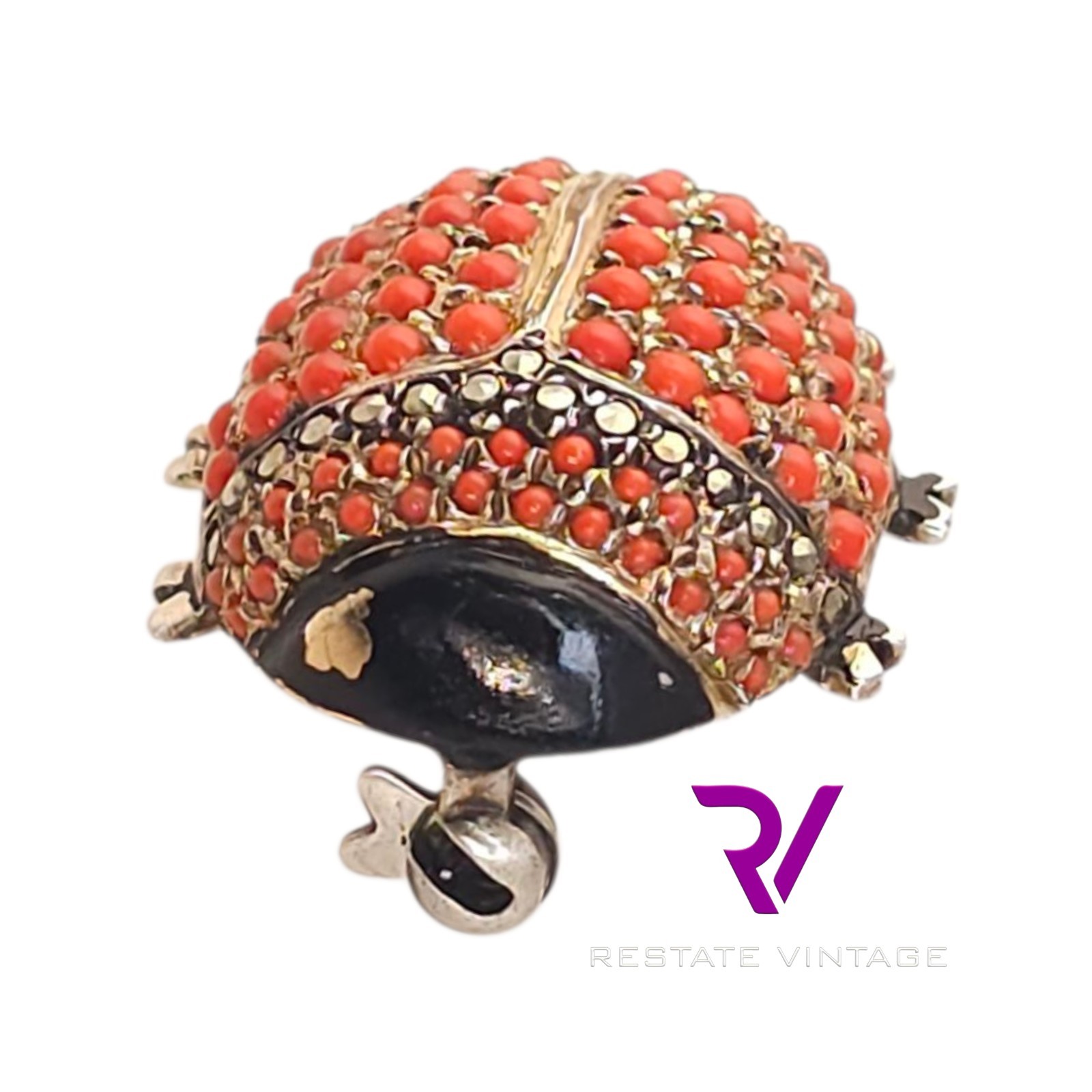 Vintage Germany US Zone Sterling Seed Coral Marcasite Ladybug Brooch