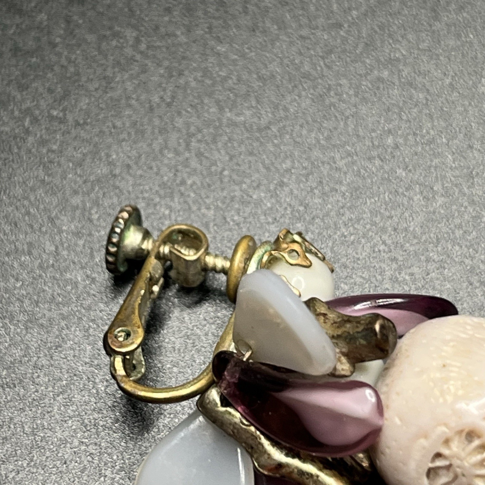 Vintage Miriam Haskell Earrings Gold Tone Dangle Drop Purple Pearl Brass Cluster