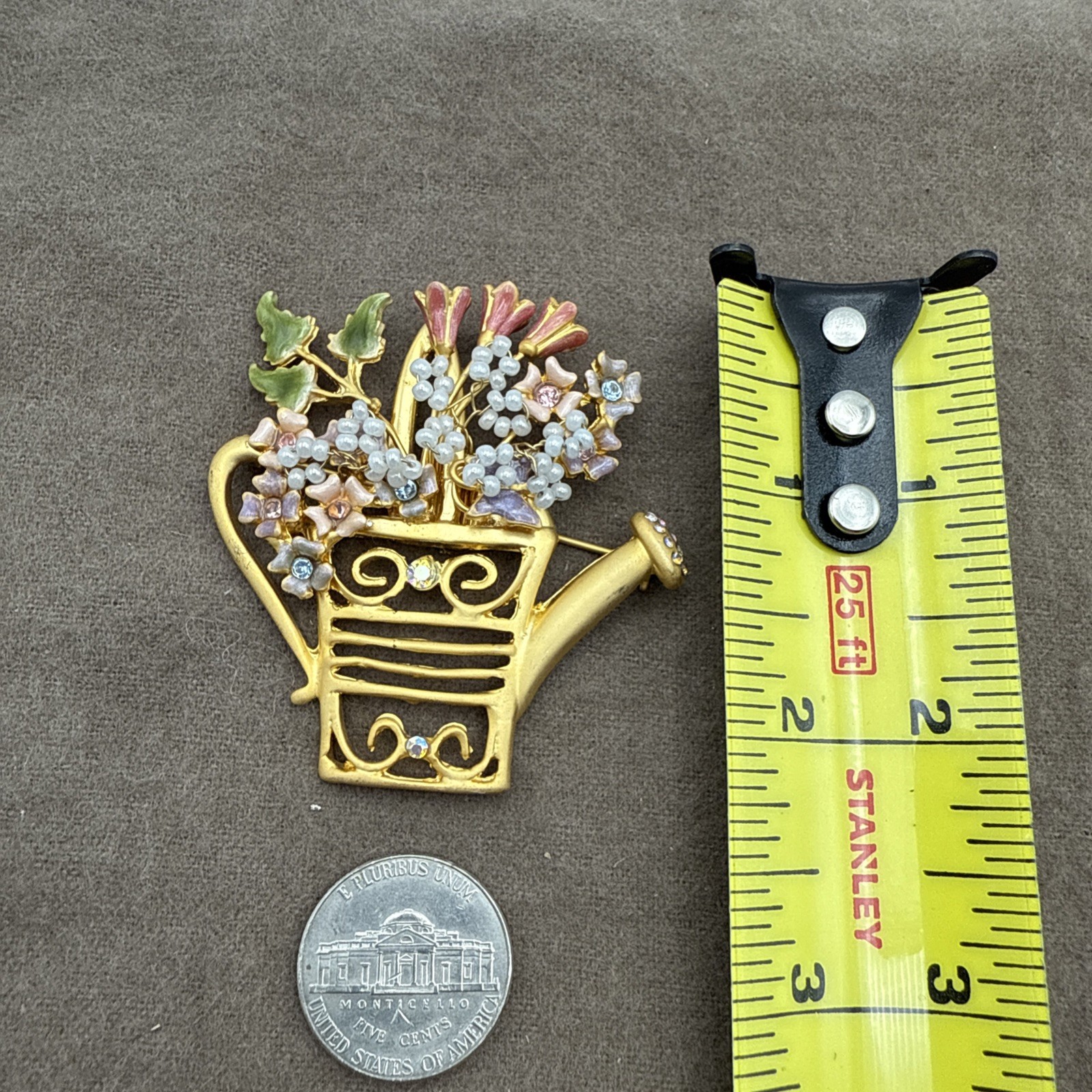 VTG Spring Watering Can Brooch Flowers Gardening Gardener Rhinestones & Enamel