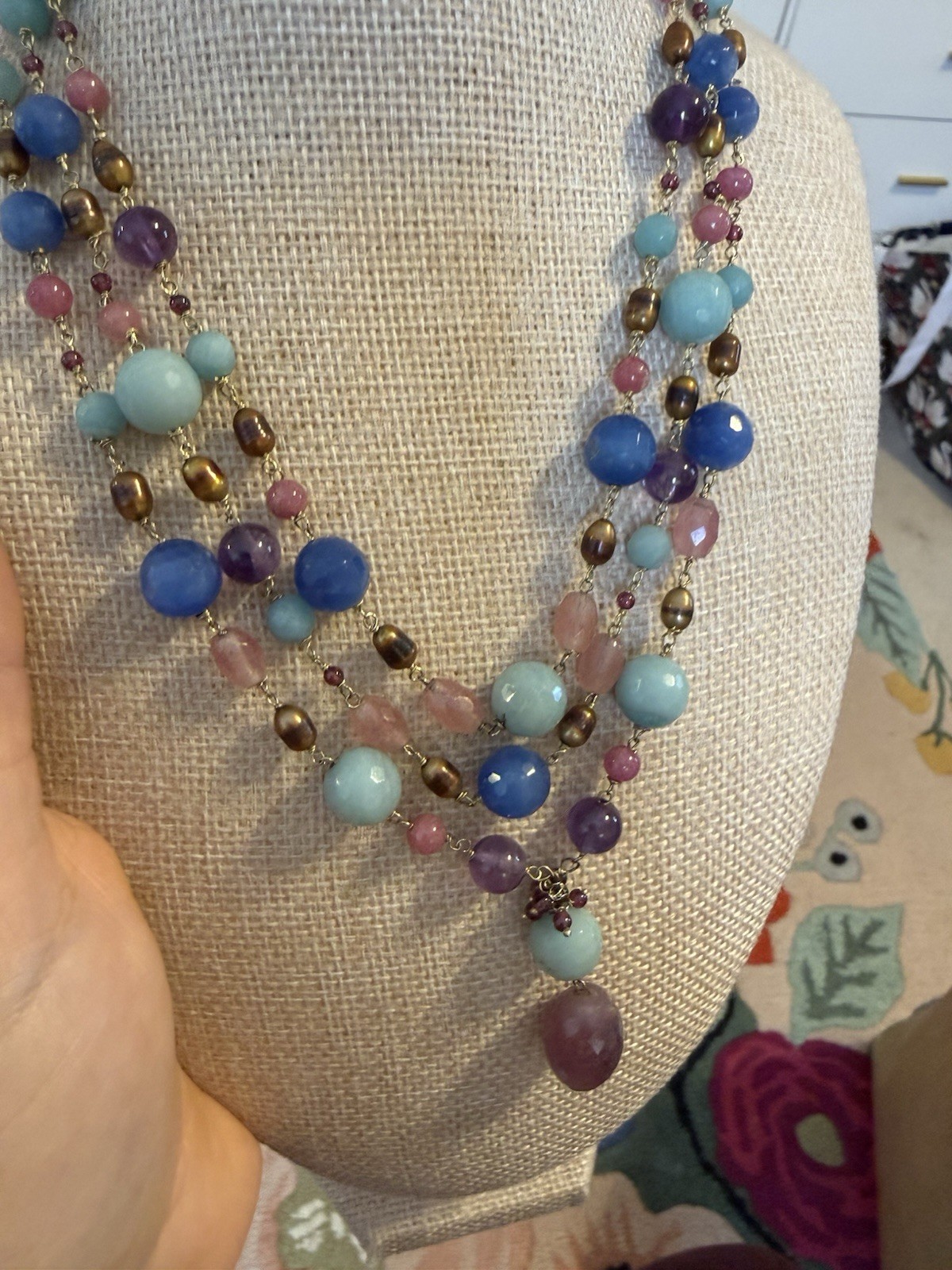 Beautiful Vintage Blue And Purple Beaded Necklace Three Layers Gold Hook Clasp