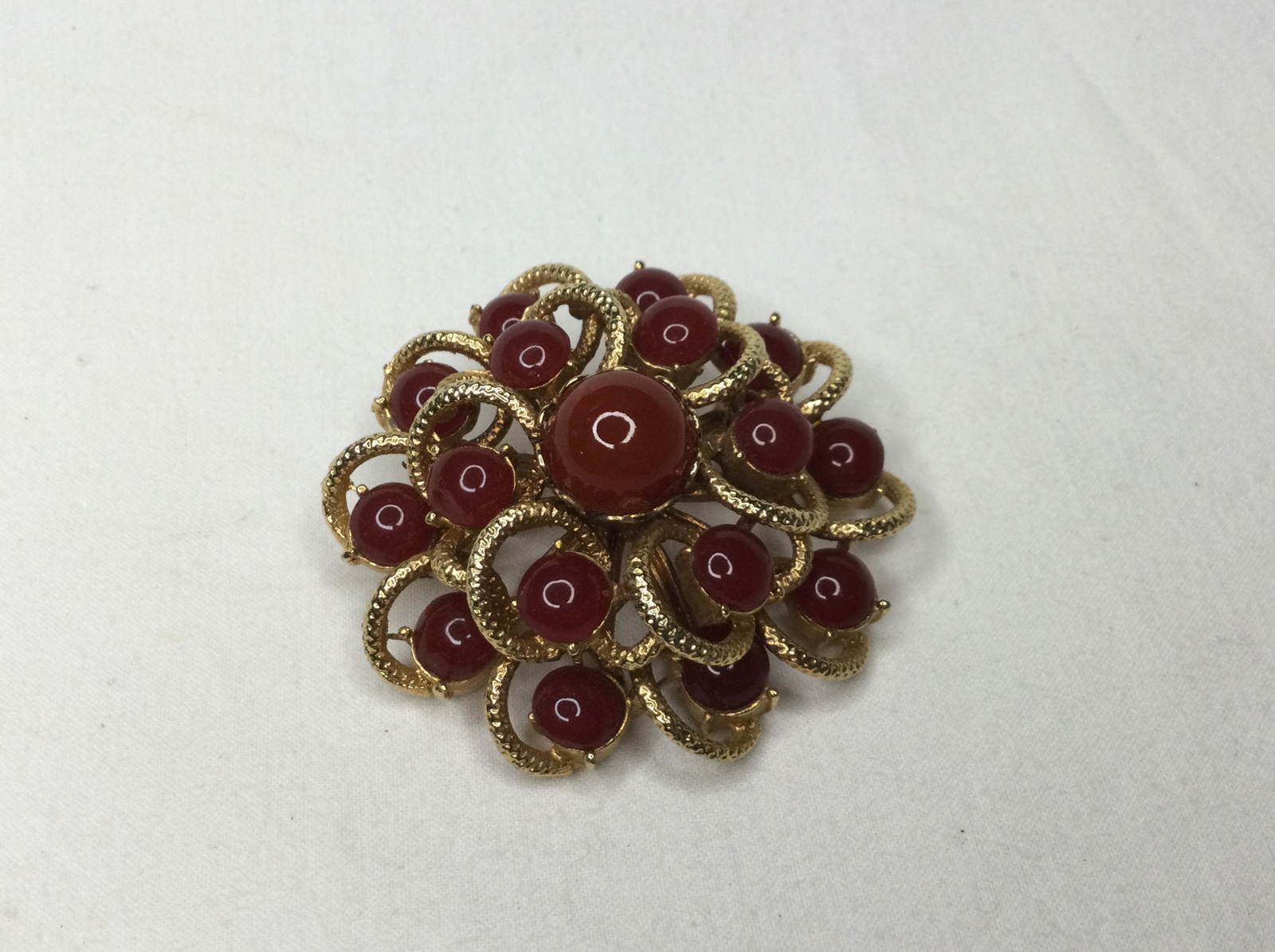 Vintage Sunburst Flower Swirl Brooch Pin Carnelian Goldtone 2” Multi Stone Retro