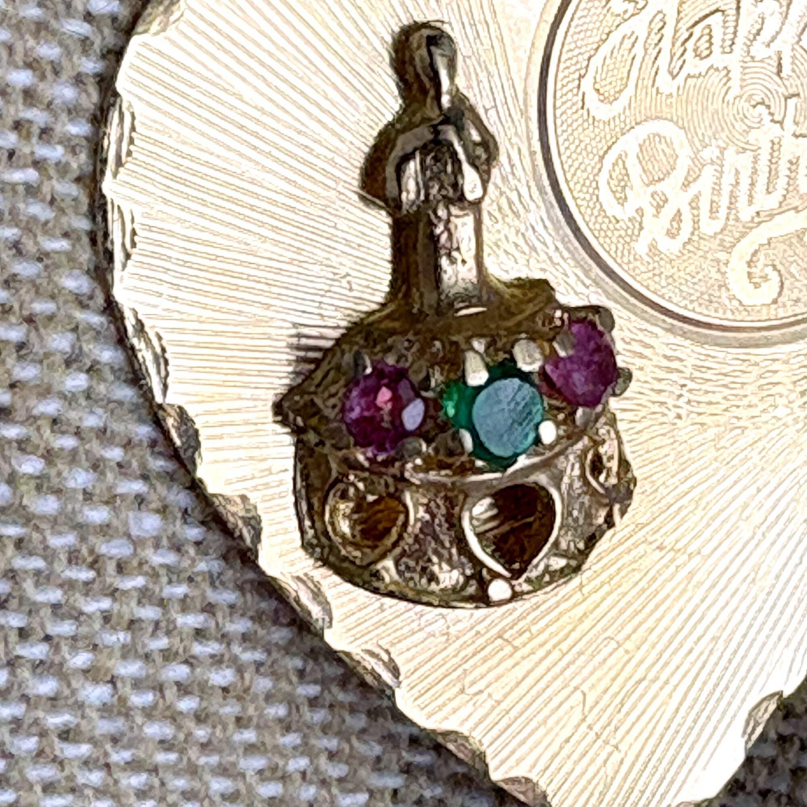 1960s 14K Happy Birthday heart charm – pink and green stones – 3.37 gms