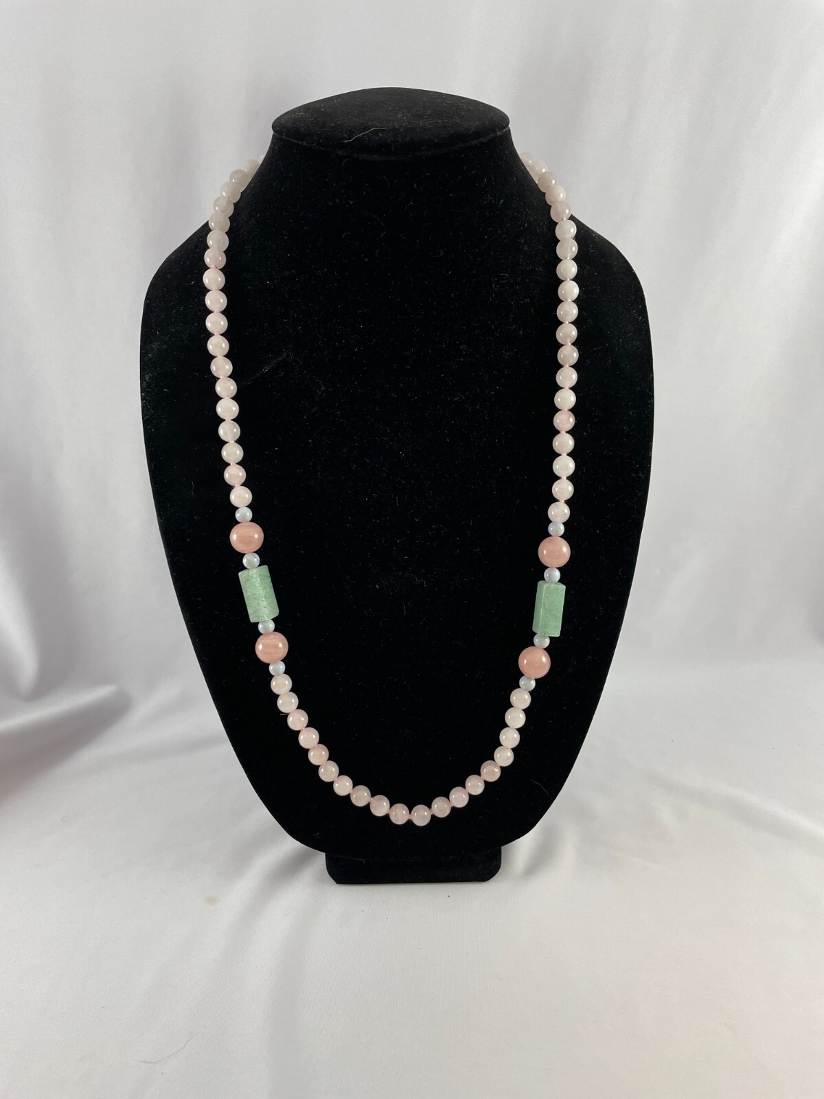 Pink And Green Jade Quartz Hand Knotted Beaded Necklace Long