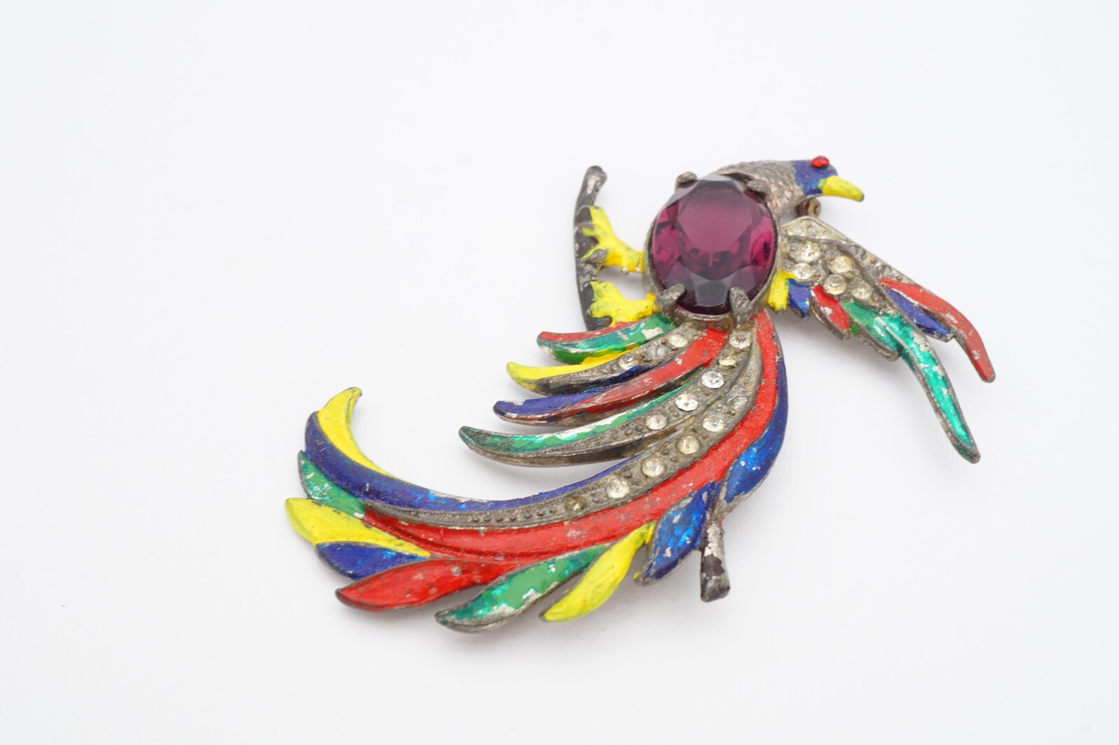 Vintage Brooch Pin Silver Tone Purple Rhinestone Enamel Peacock