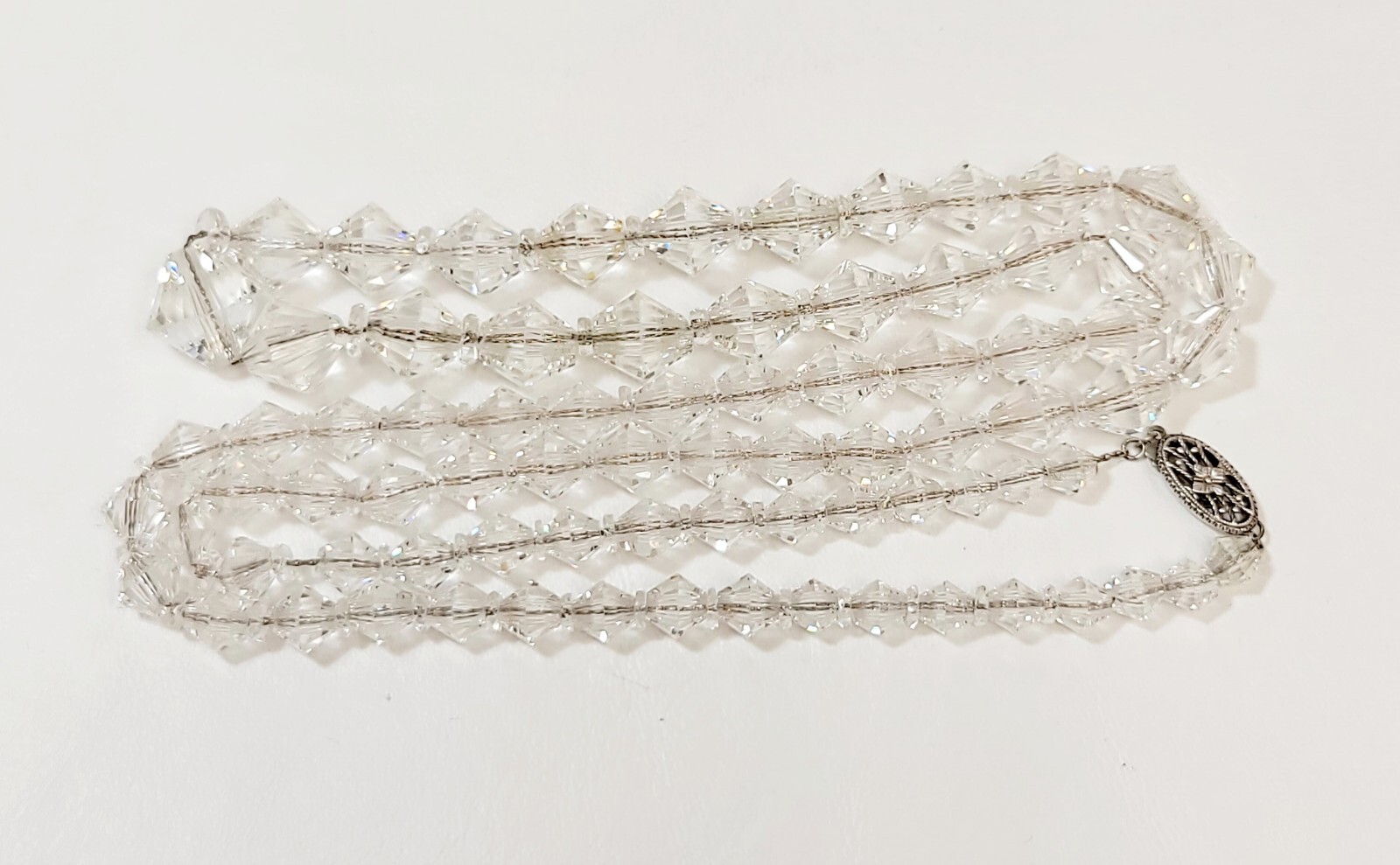 Vintage Victorian Bicone Crystal Glass Bead Sterling Silver Chain Necklace 30″