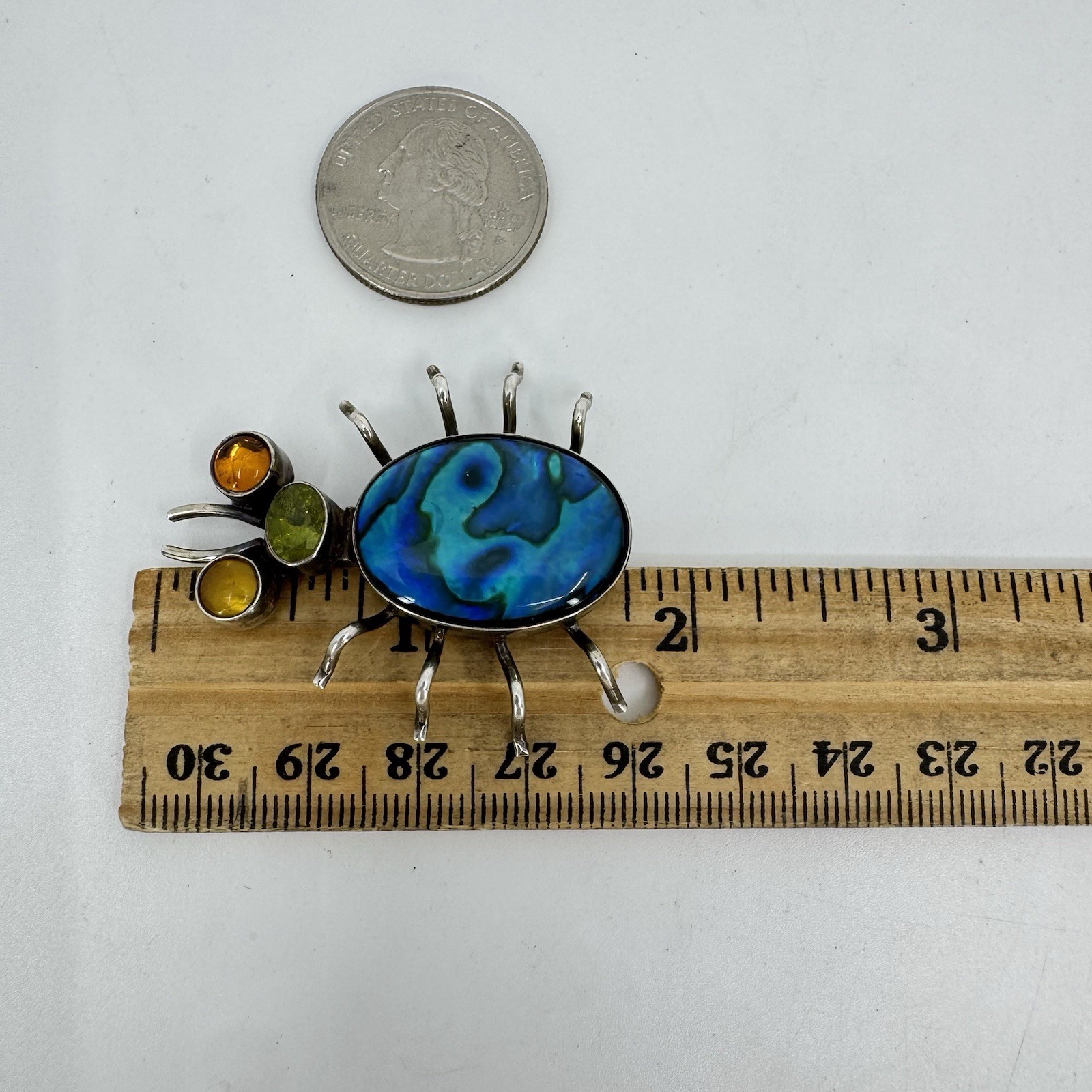 Sterling Silver Multi Stone Paua Abalone Shell Peridot Amber Bug Brooch Pin