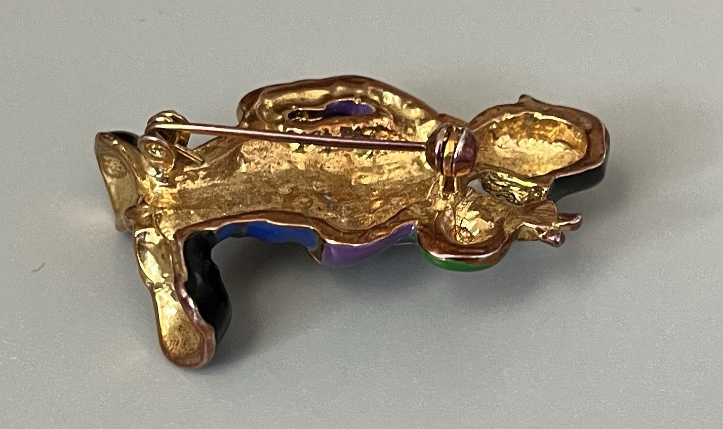 VTG Hobo Clown Brooch Gold Tone Metal Purple-Green-Blue-Black-White 2” Sad Face