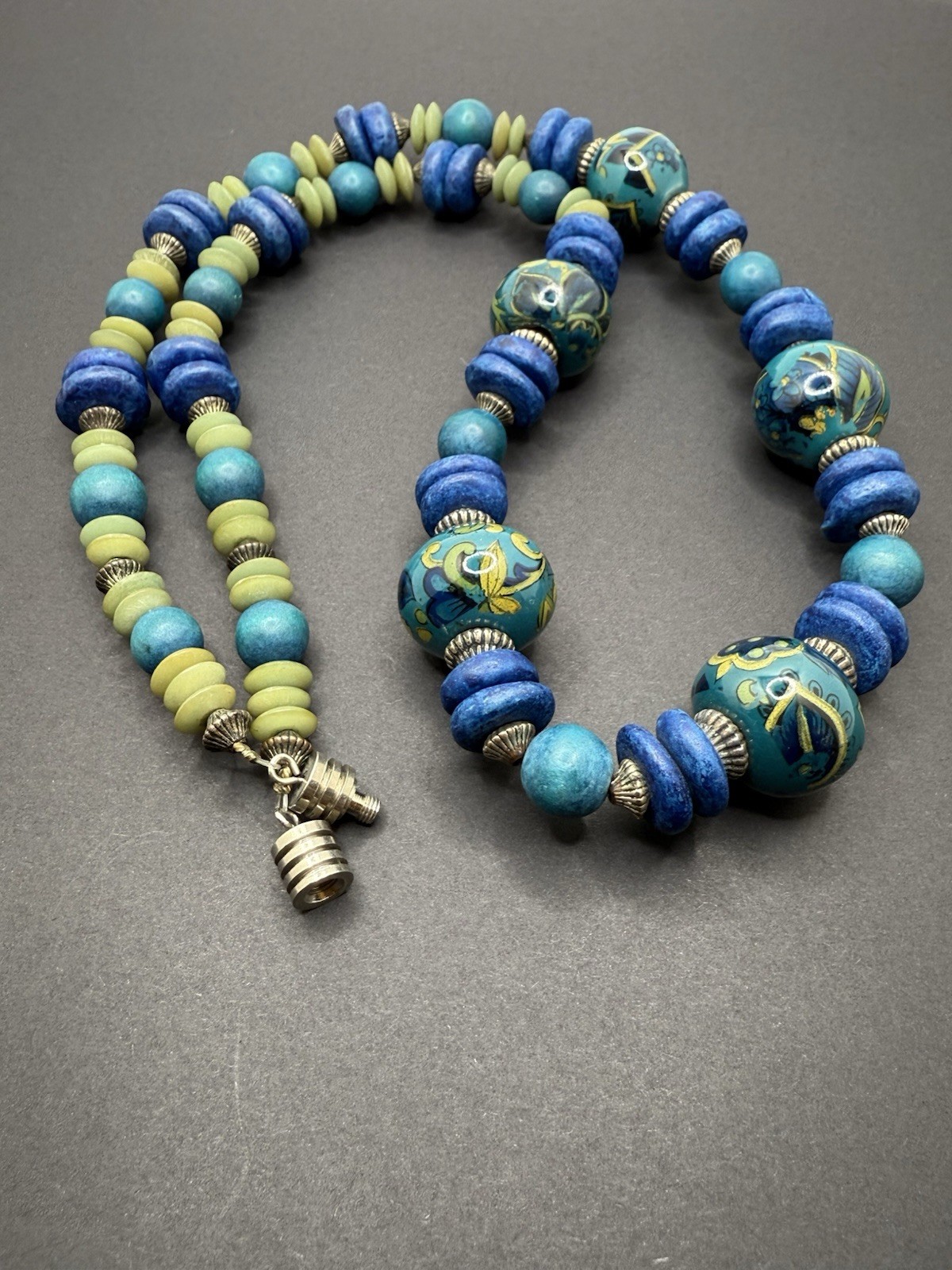 Vintage Beaded Necklace Teal Blue Ceramic Wood Barrel Closure 28” Handcrafted