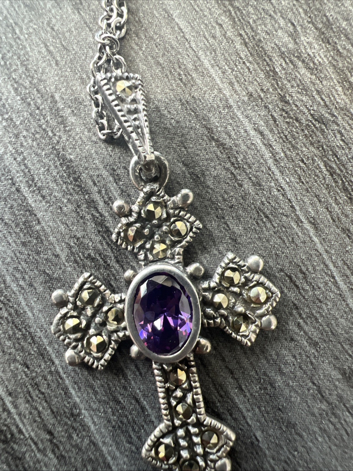 Vintage Signed CW Sterling Silver 925 Amethyst Marcasite Cross Pendant Necklace