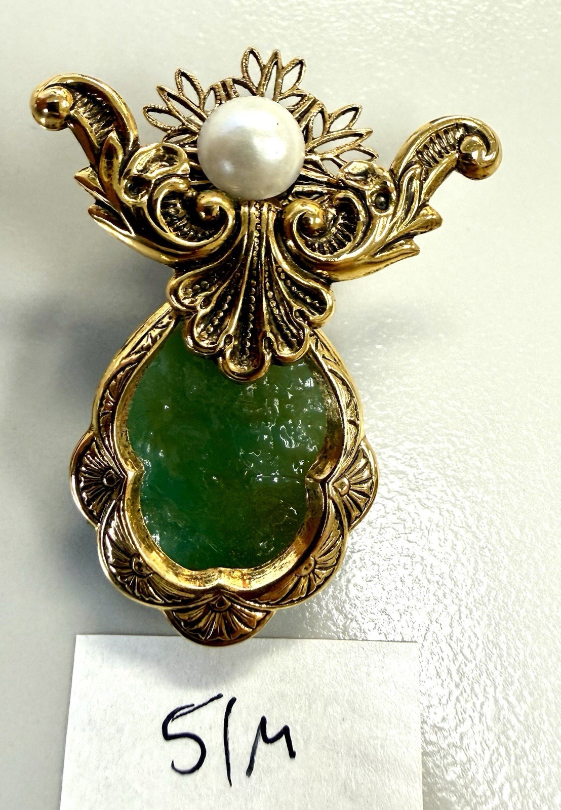 Vintage Faux Jade Art Glass Fur Clip Dress Clip Gold Tone Pearl Ornate Brooch