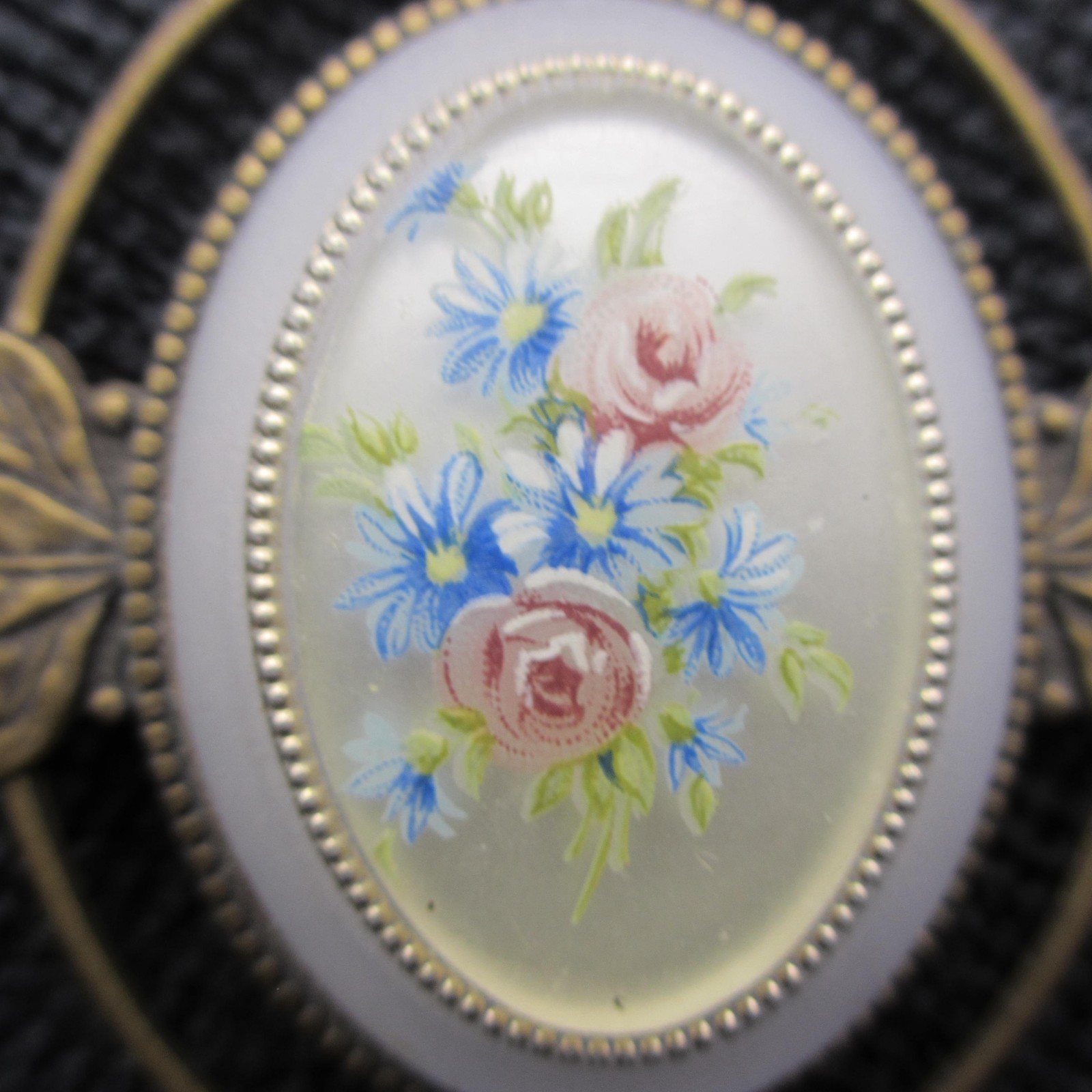 Vintage Victorian Revival Brooch Floral Bouquet Pastel Leaf Frame Gold Tone
