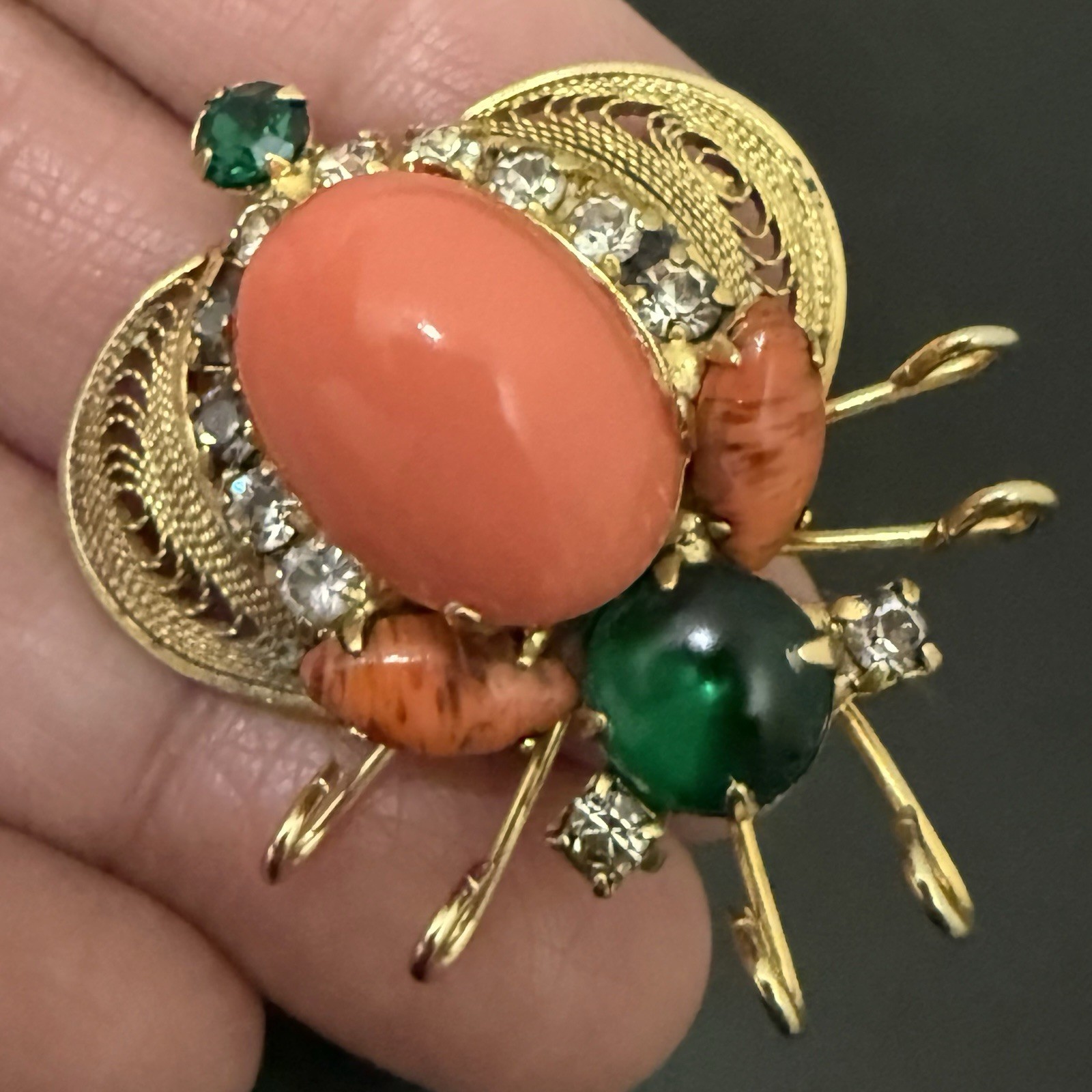Rare Juliana Delizza & Elster Faux Coral Cabochon Rhinestones Beetle Bug Brooch
