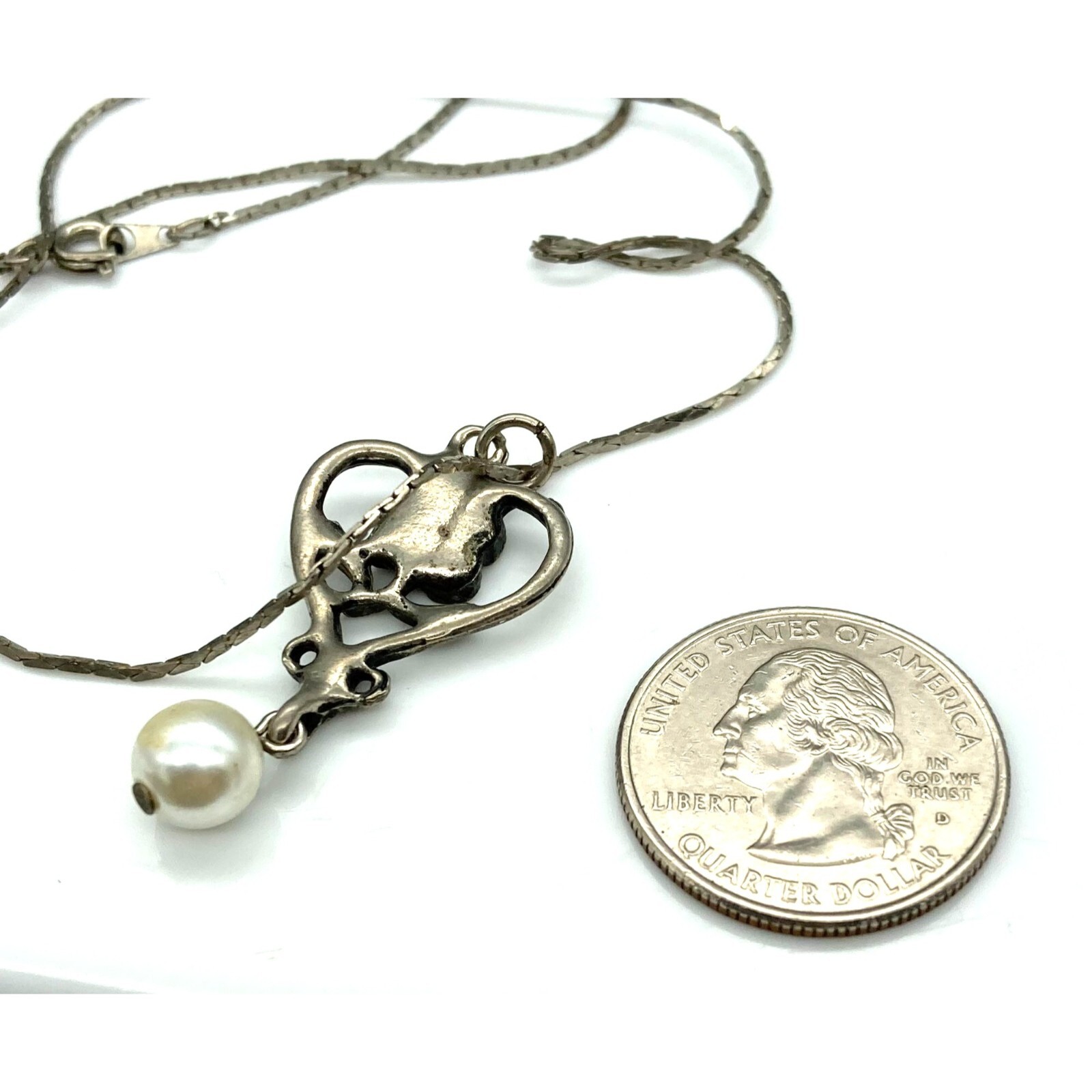 Vintage Hearts and Flowers Pendant with Pearl Drop on Delicate Silver Tone Chain