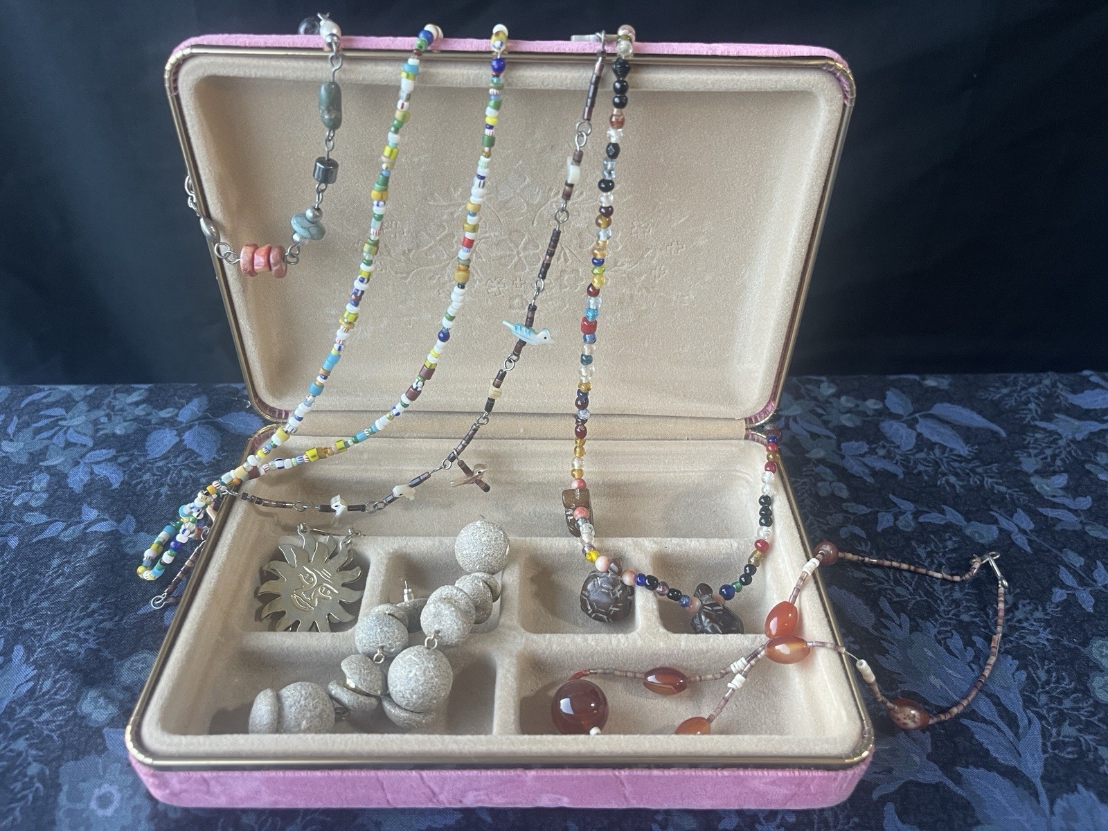 Vintage Bohemian Jewelry Lot Fetish Carved Bird Necklace Beads Sun Turtles
