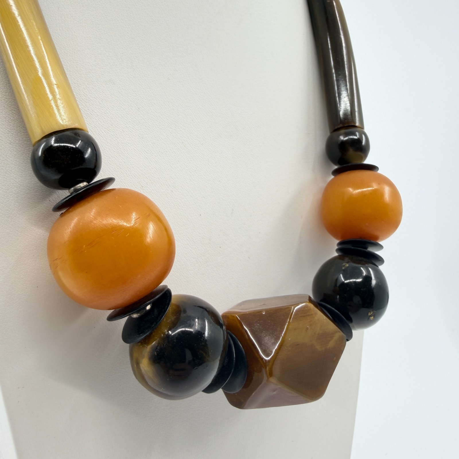 Vintage Chunky Resin Faux Horn Tusk Geometric Bead Statement Necklace Boho 90s