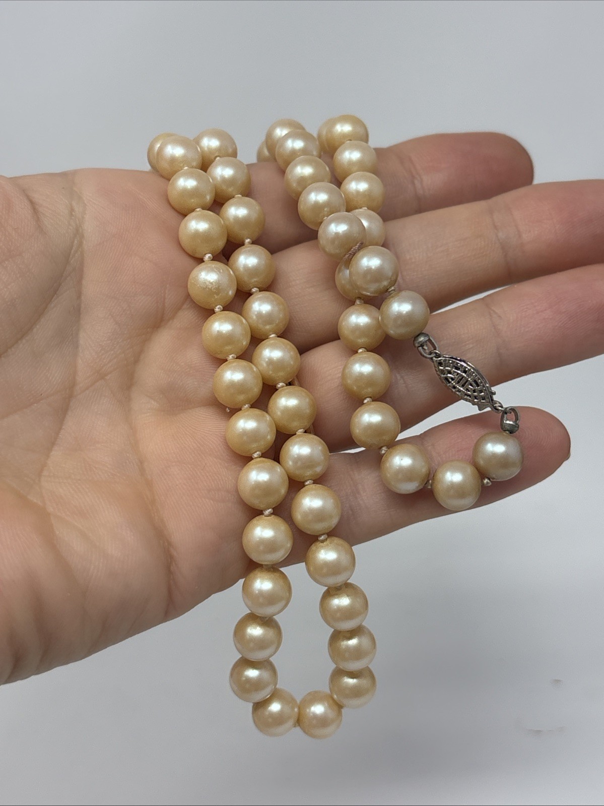 Vintage Art Deco Faux Pearl Necklace Sterling Filigree Fish Hook Clasp