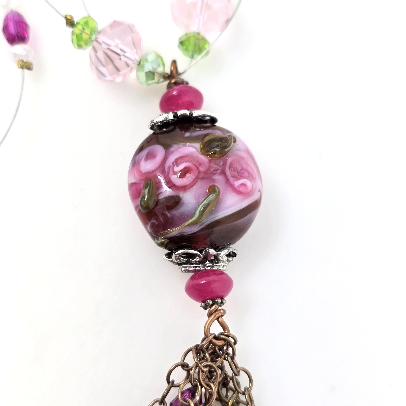 Handmade Y Necklace Large Lampwork Glass Pendant with Pink Faceted Crystal Beads